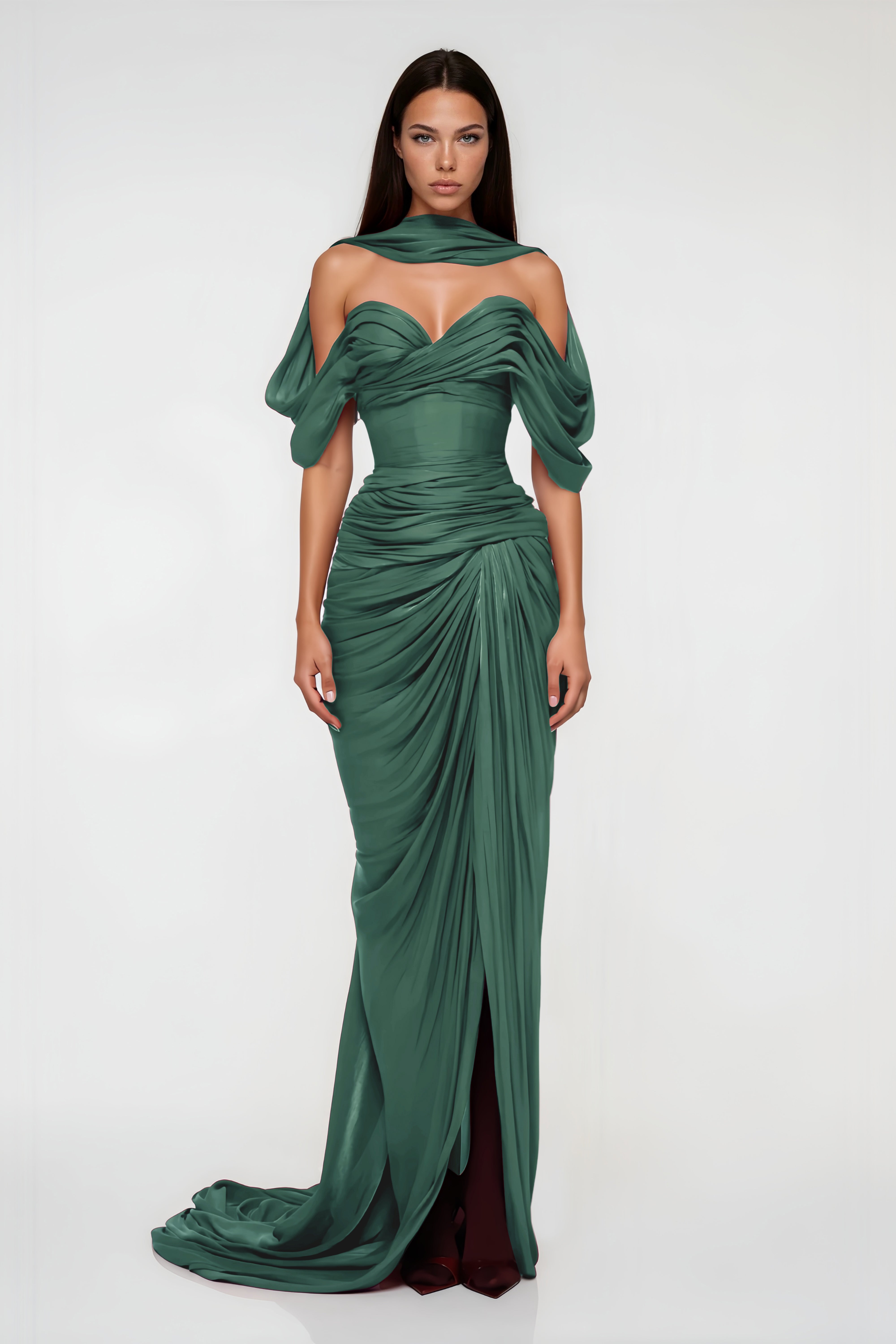 Emerald green maxi dress with an off-the-shoulder draped neckline, a matching neck scarf, and a ruched wrap skirt