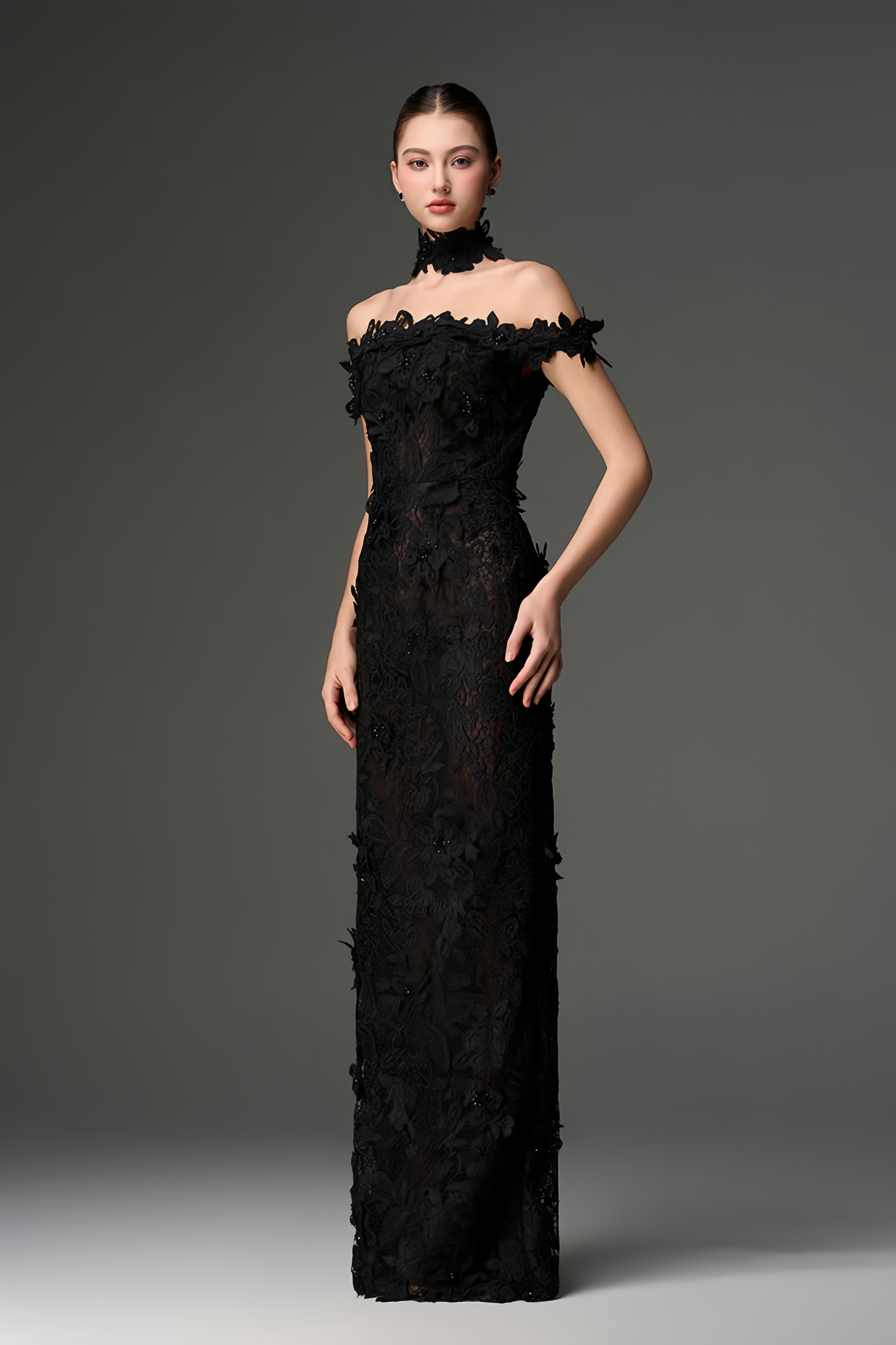 Black Floral Lace Off-the-Shoulder Maxi Dress with Choker Neck and Sheer Hem