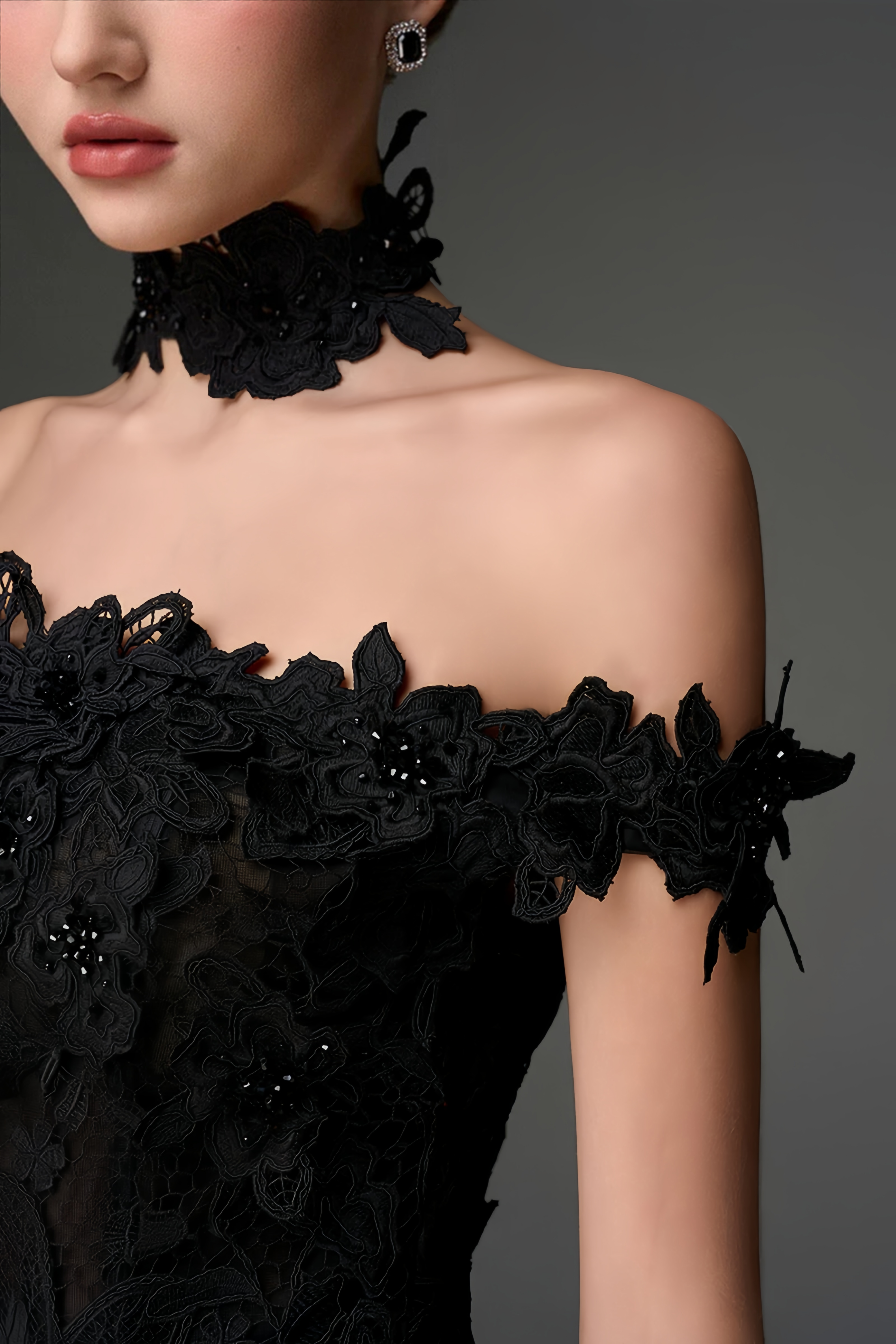 Black Off Shoulder Gown with 3D Florals