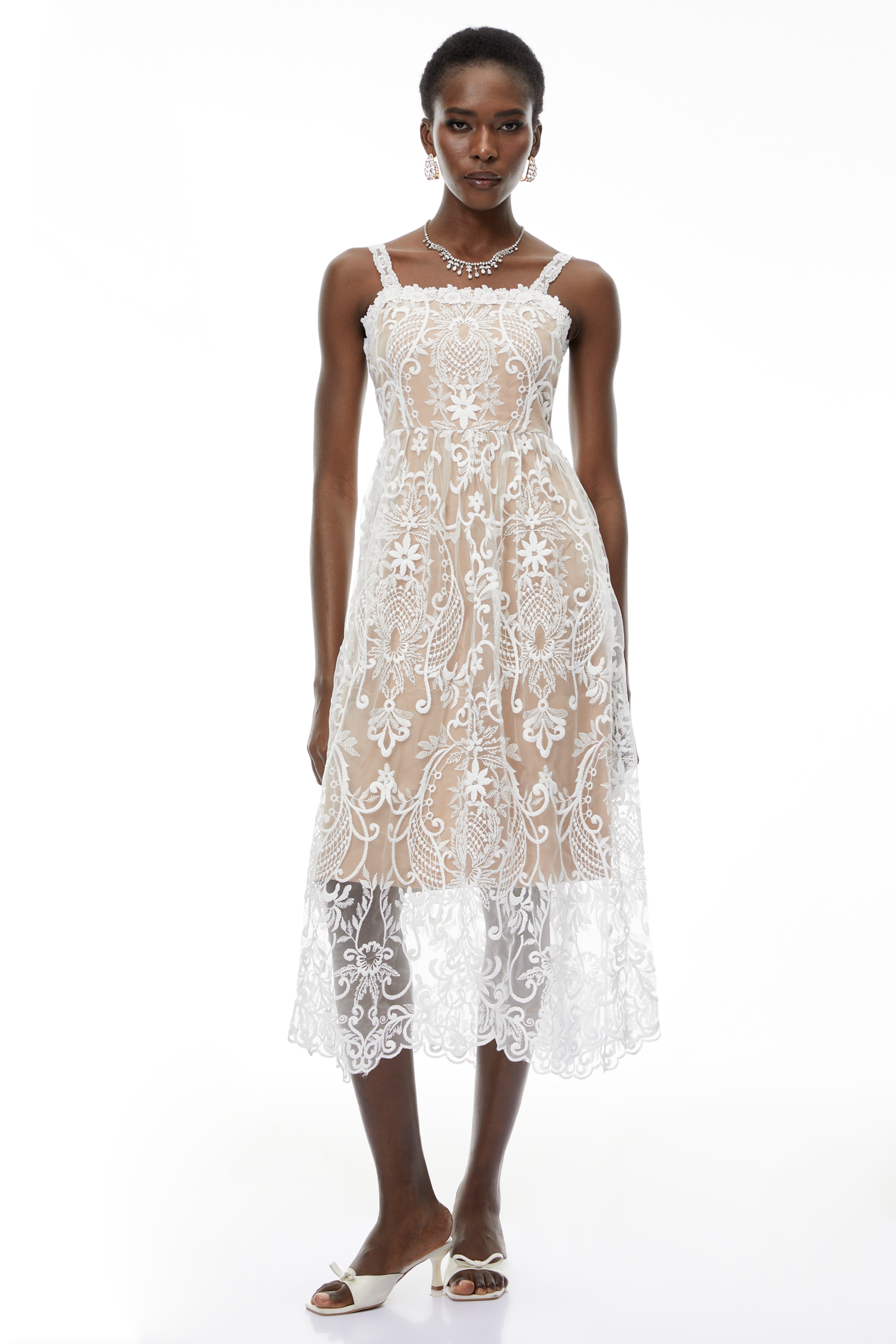 Hermione White Floral Embroidered Lace Midi Dress (Final Sale)