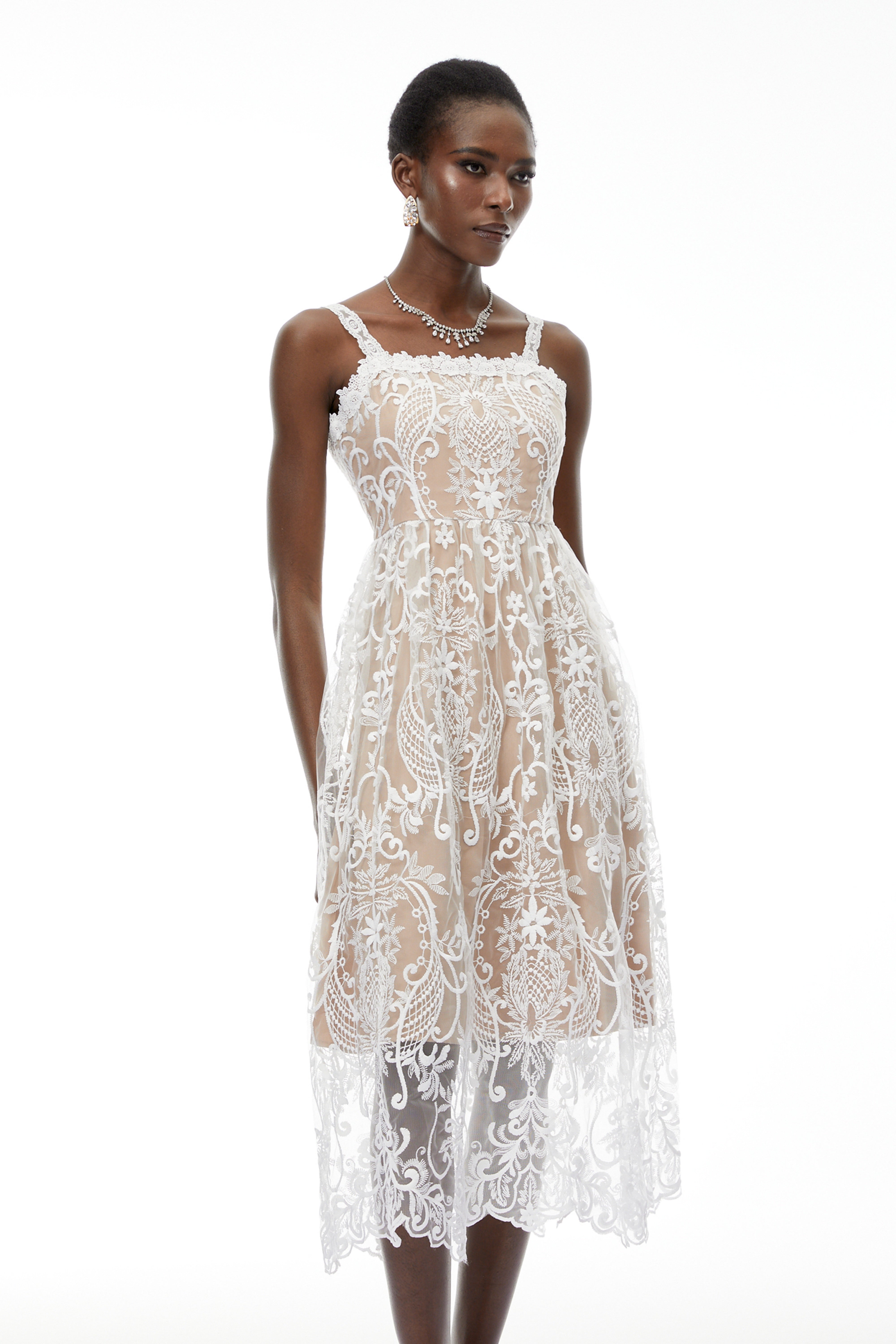 Hermione White Floral Embroidered Lace Midi Dress (Final Sale)