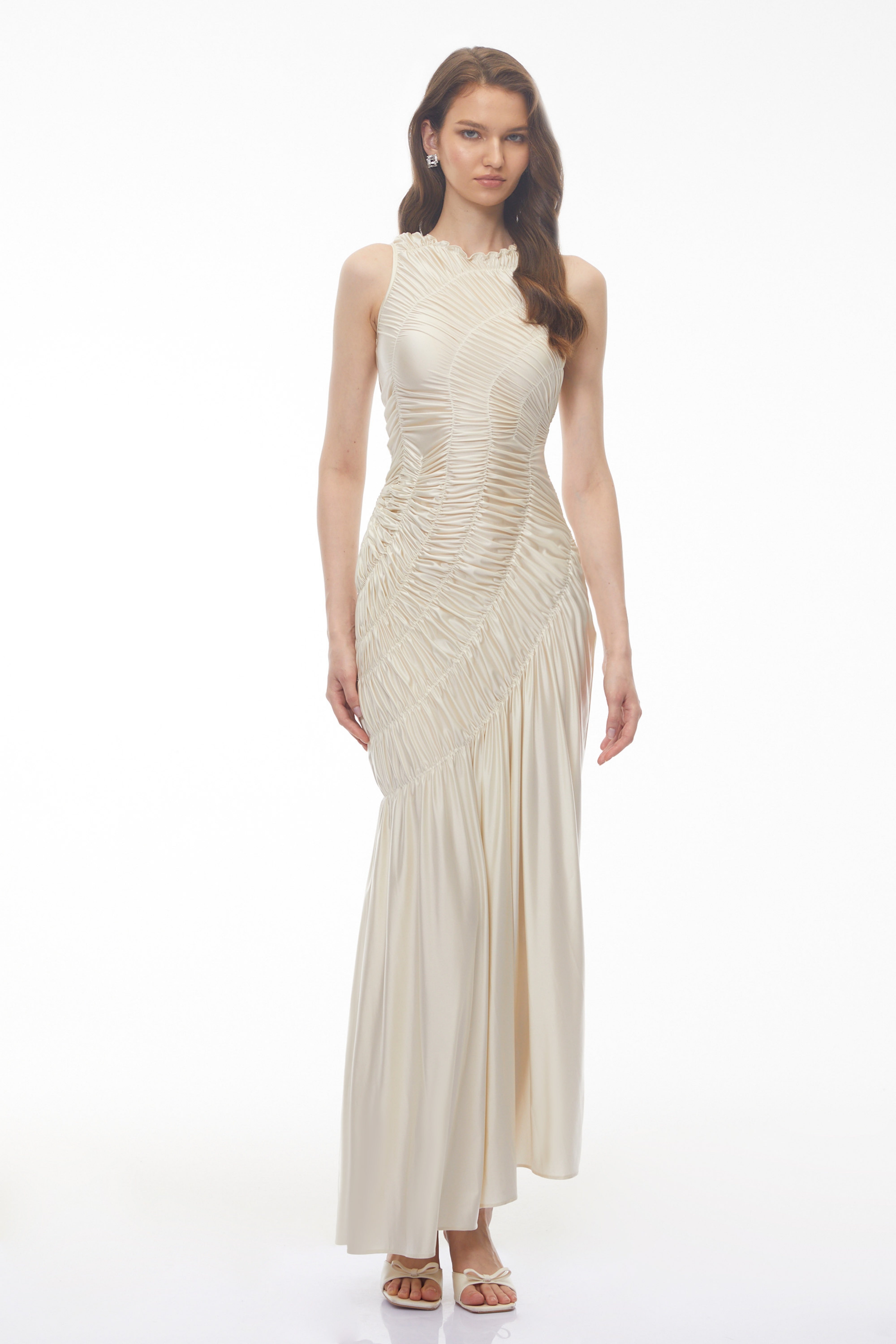 Hestia Champagne Ruched Asymmetrical Maxi Dress (Final Sale-US Only)