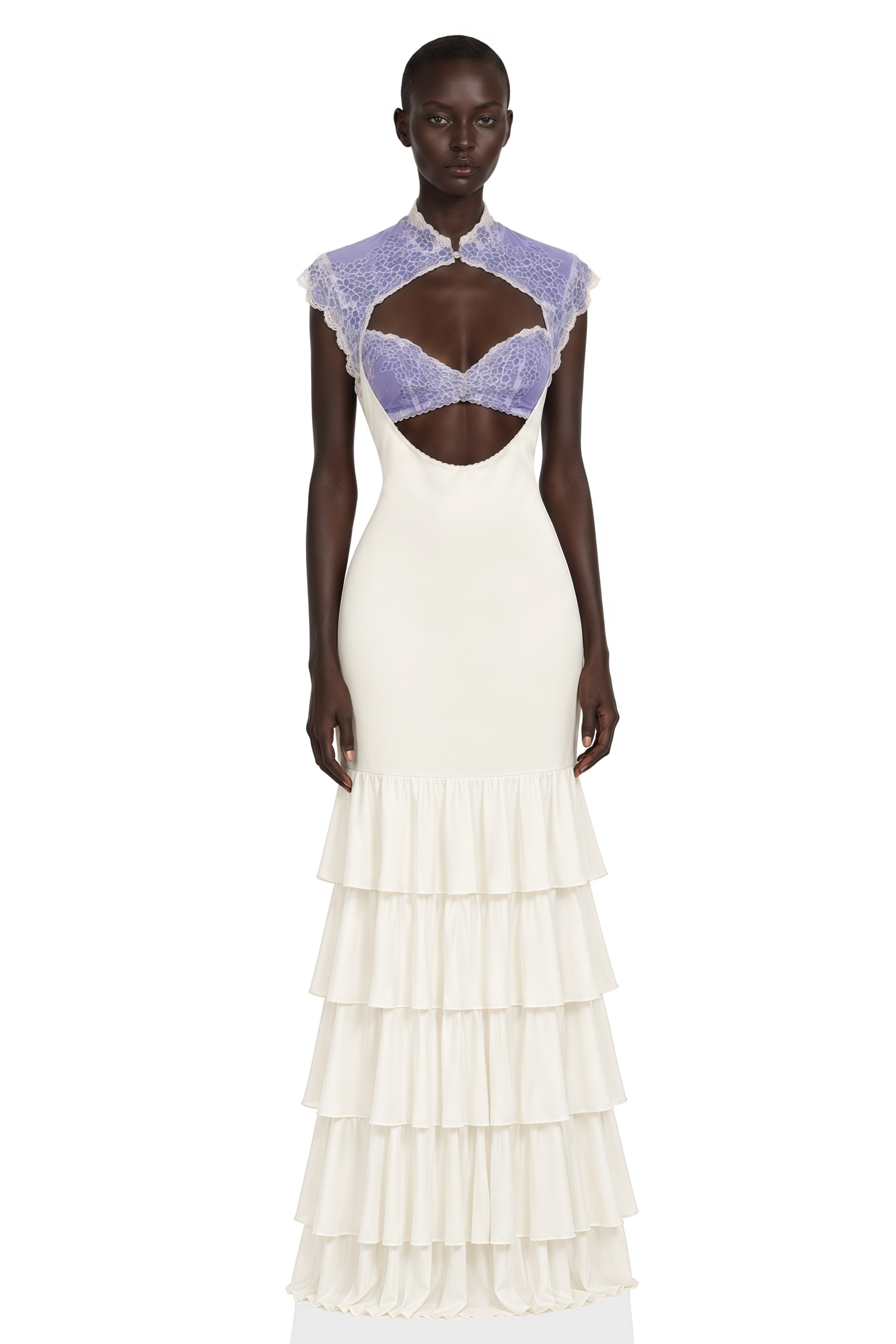 Holly Ivory Floral Lace Ruffled Maxi Dress with Cut-Outs