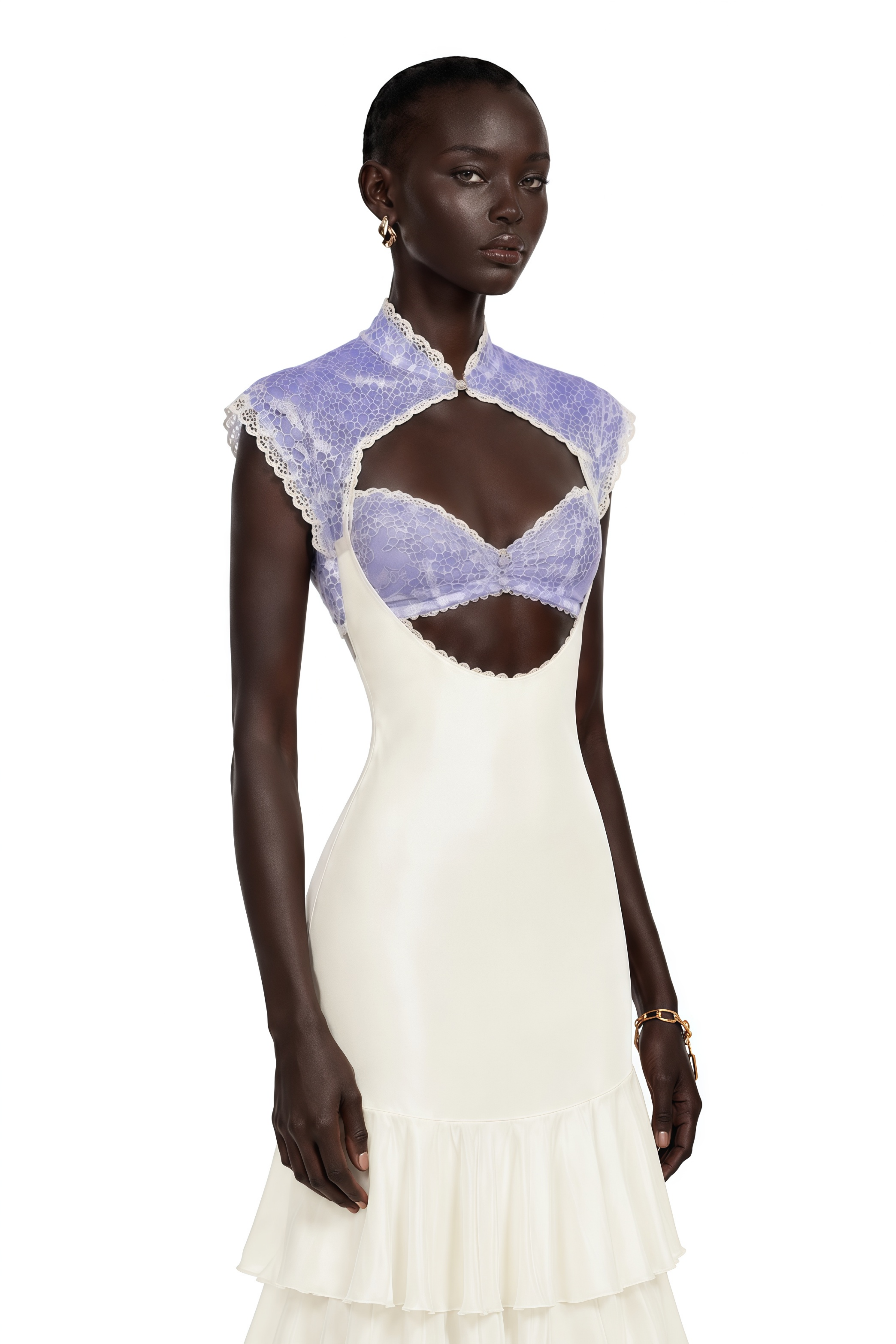 Holly Ivory Floral Lace Ruffled Maxi Dress with Cut-Outs