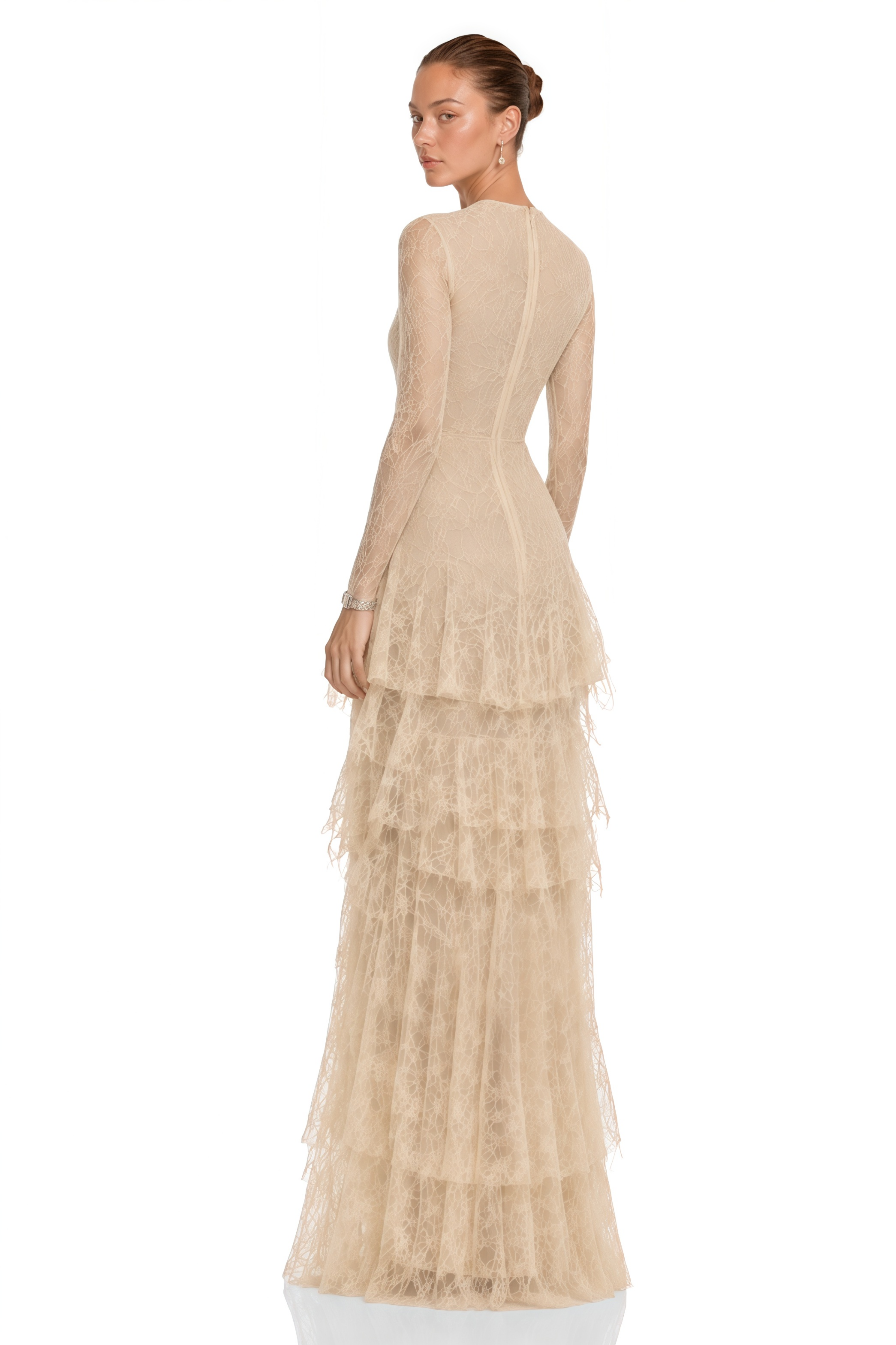 Beige lace gown with a tiered ruffled skirt