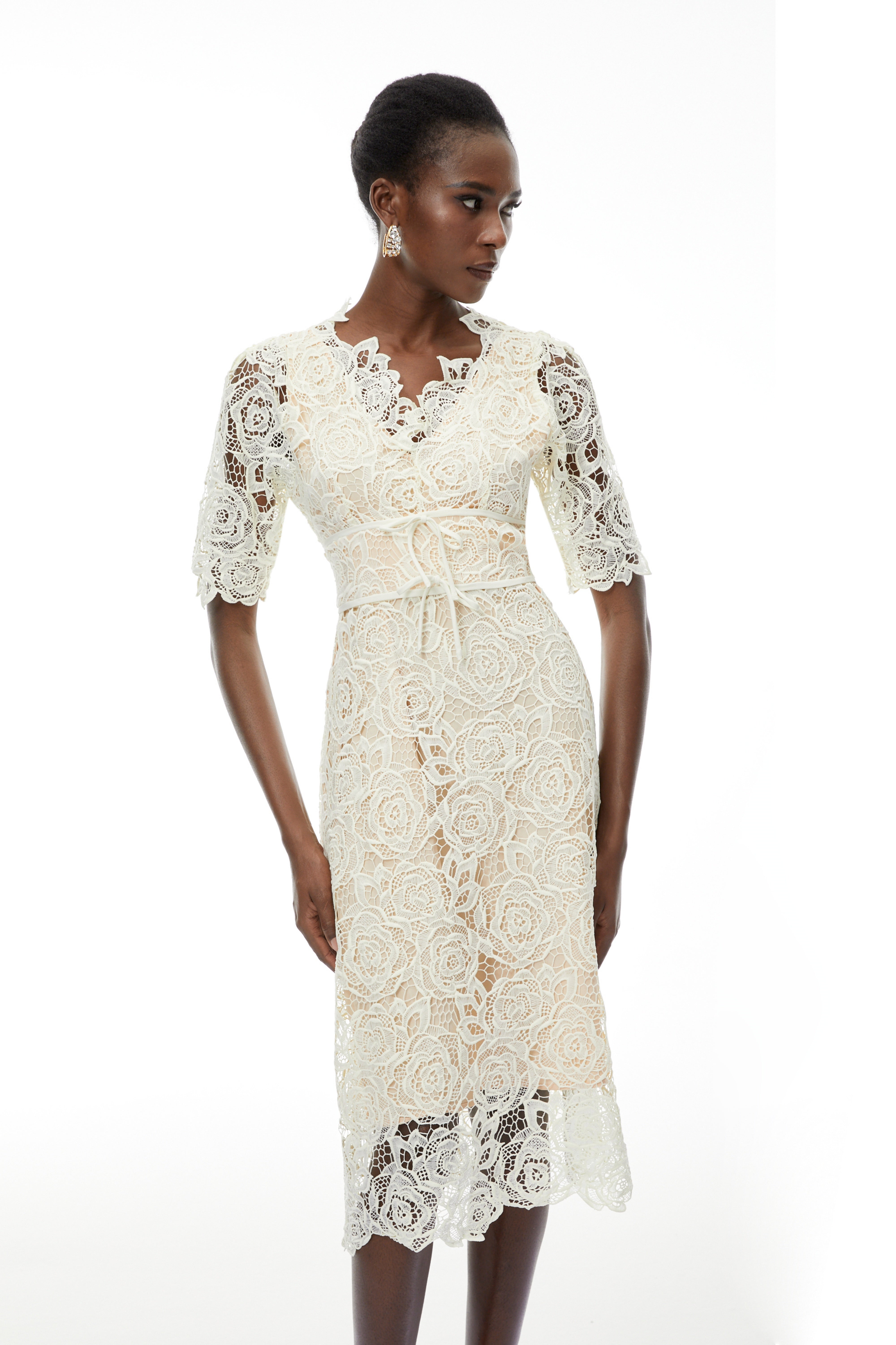 Hypatia Neutral Lace Embroidered Midi Dress (Final Sale-US Only)