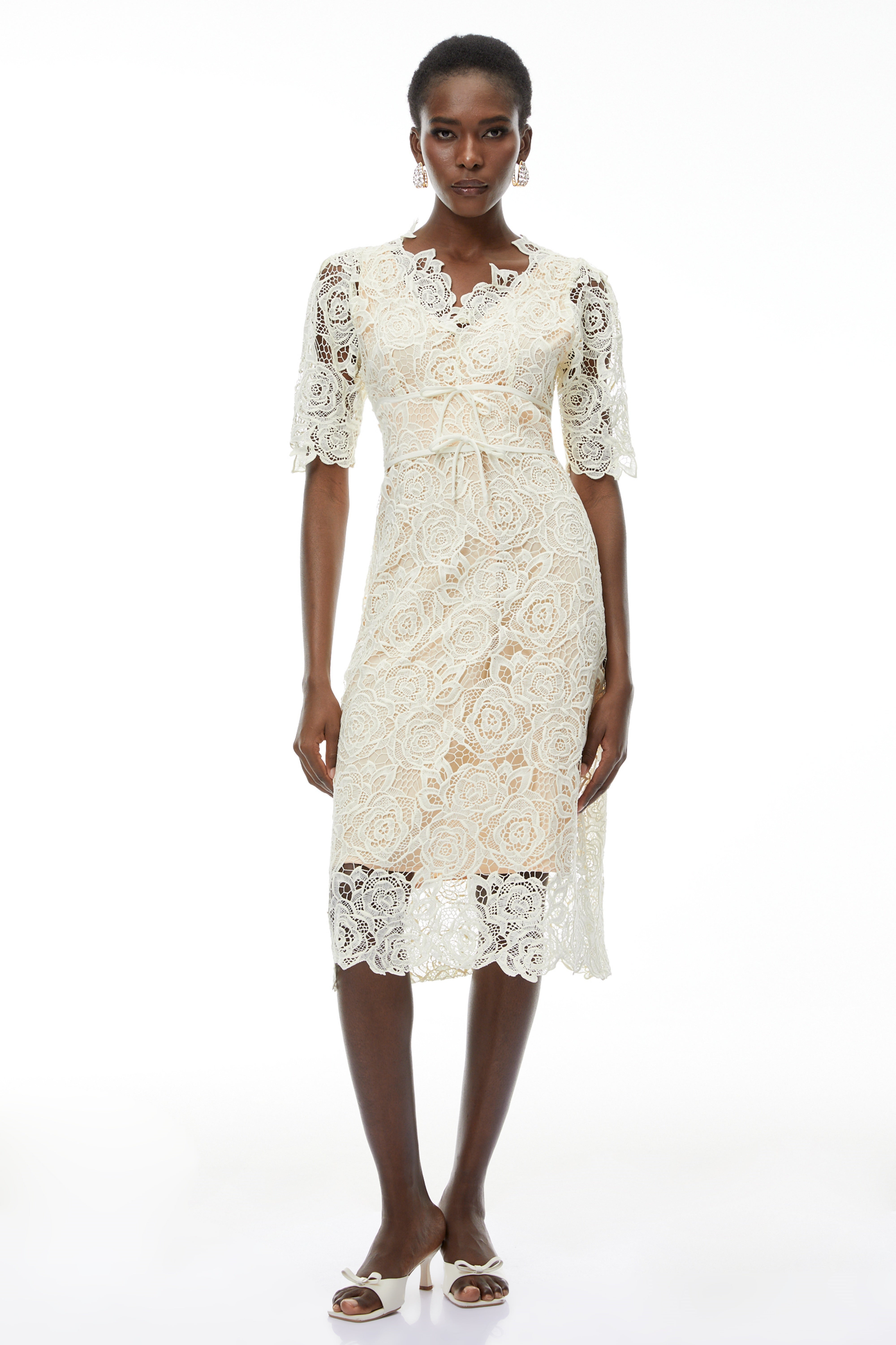 Hypatia Neutral Lace Embroidered Midi Dress (Final Sale-US Only)