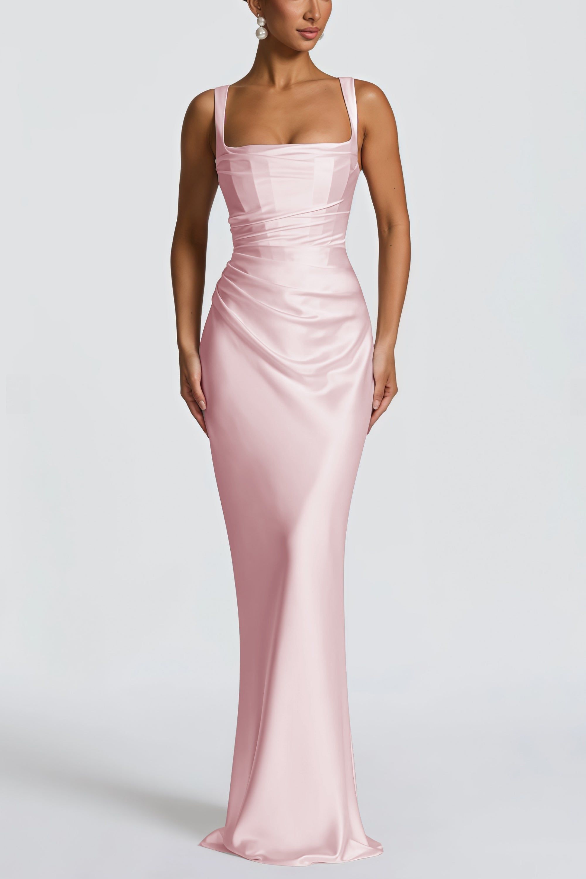 Inmaculada Pink Ruched Satin Maxi Dress (Without Gloves) (Final Sale-US Only)