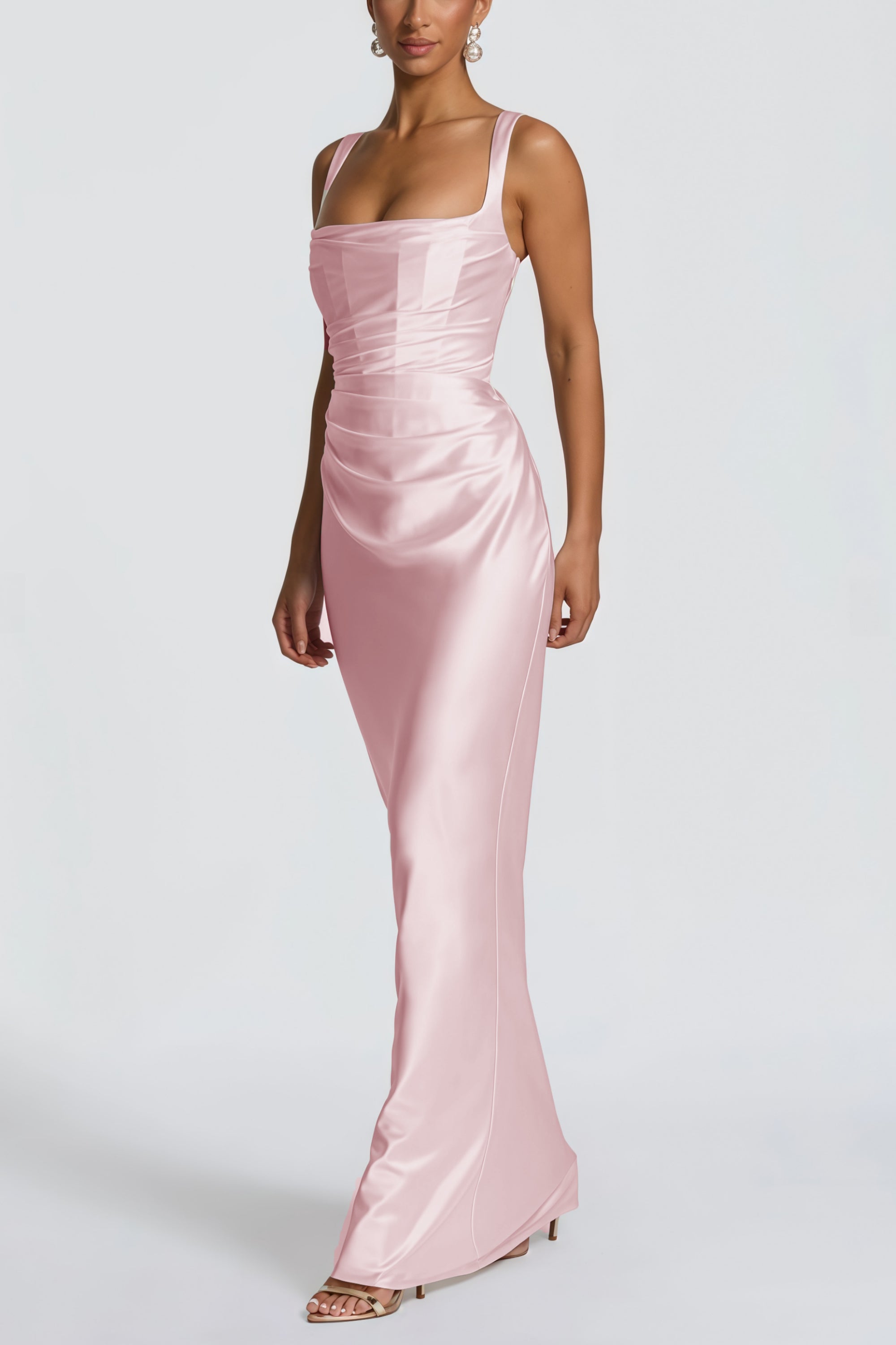 Inmaculada Pink Ruched Satin Maxi Dress (Without Gloves) (Final Sale-US Only)