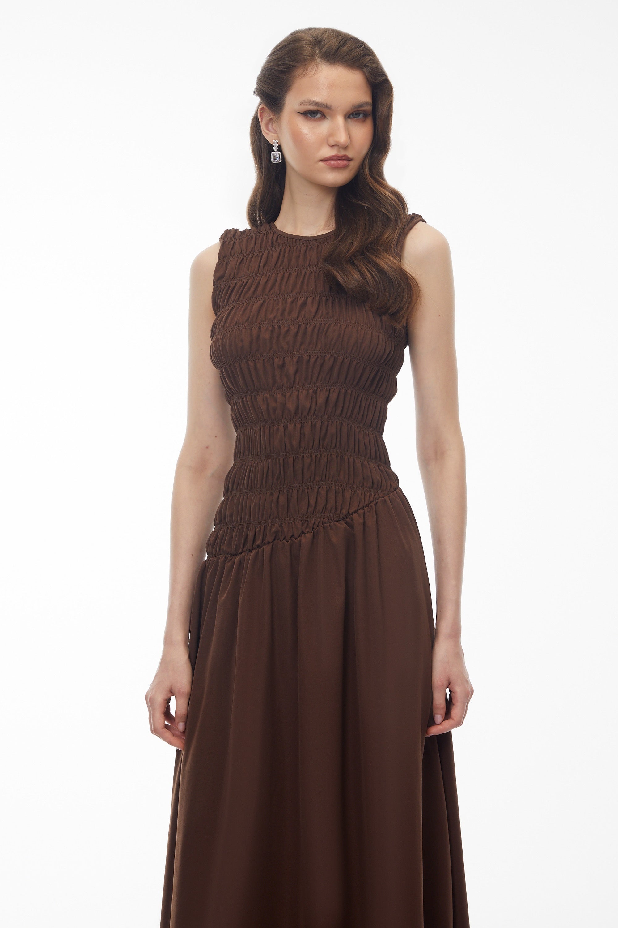 Iolanthe Chocolate Brown Asymmetrical Ruched Midi Dress (Final Sale)