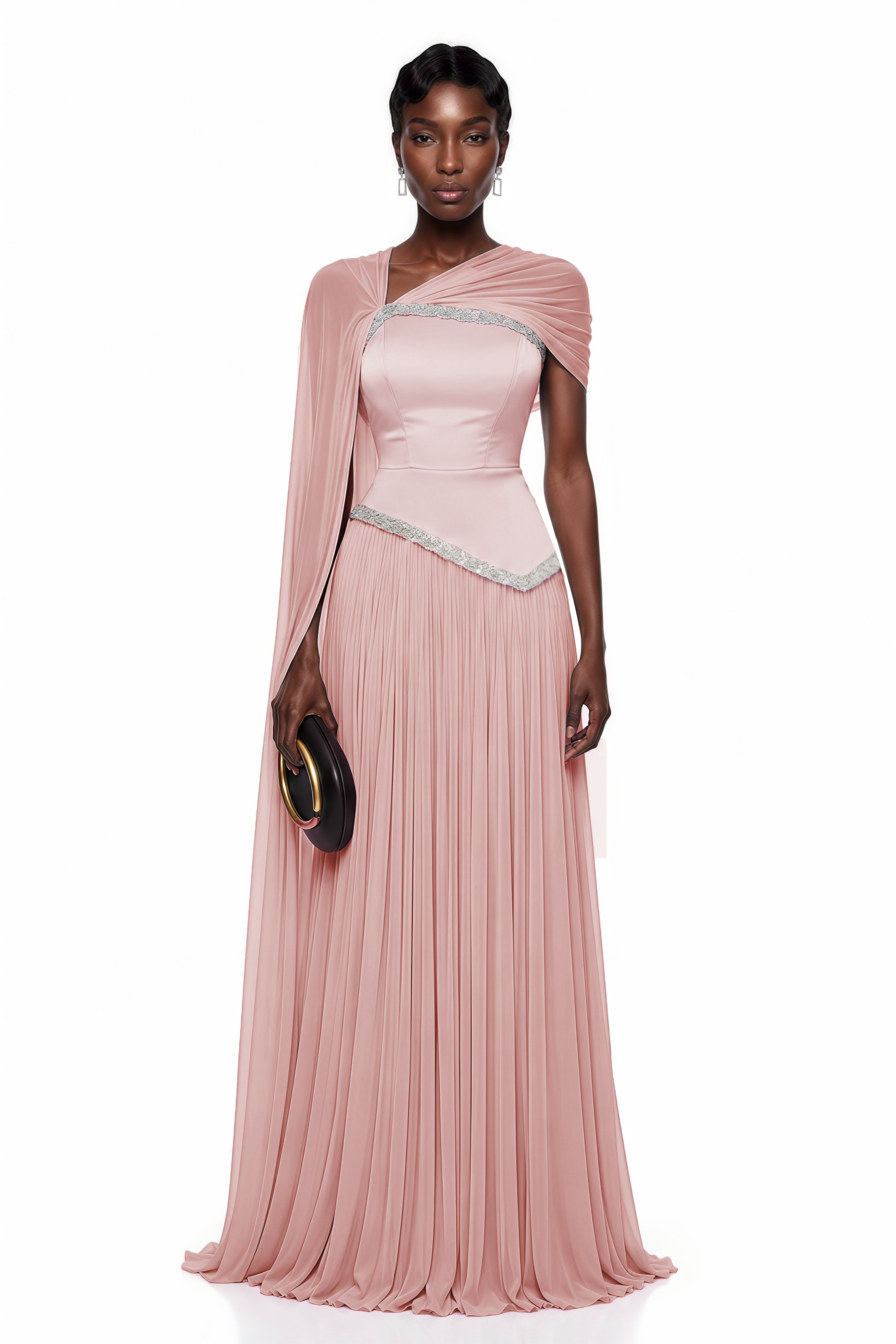 Iris Pink Embellished Asymmetrical Maxi Dress with Cape