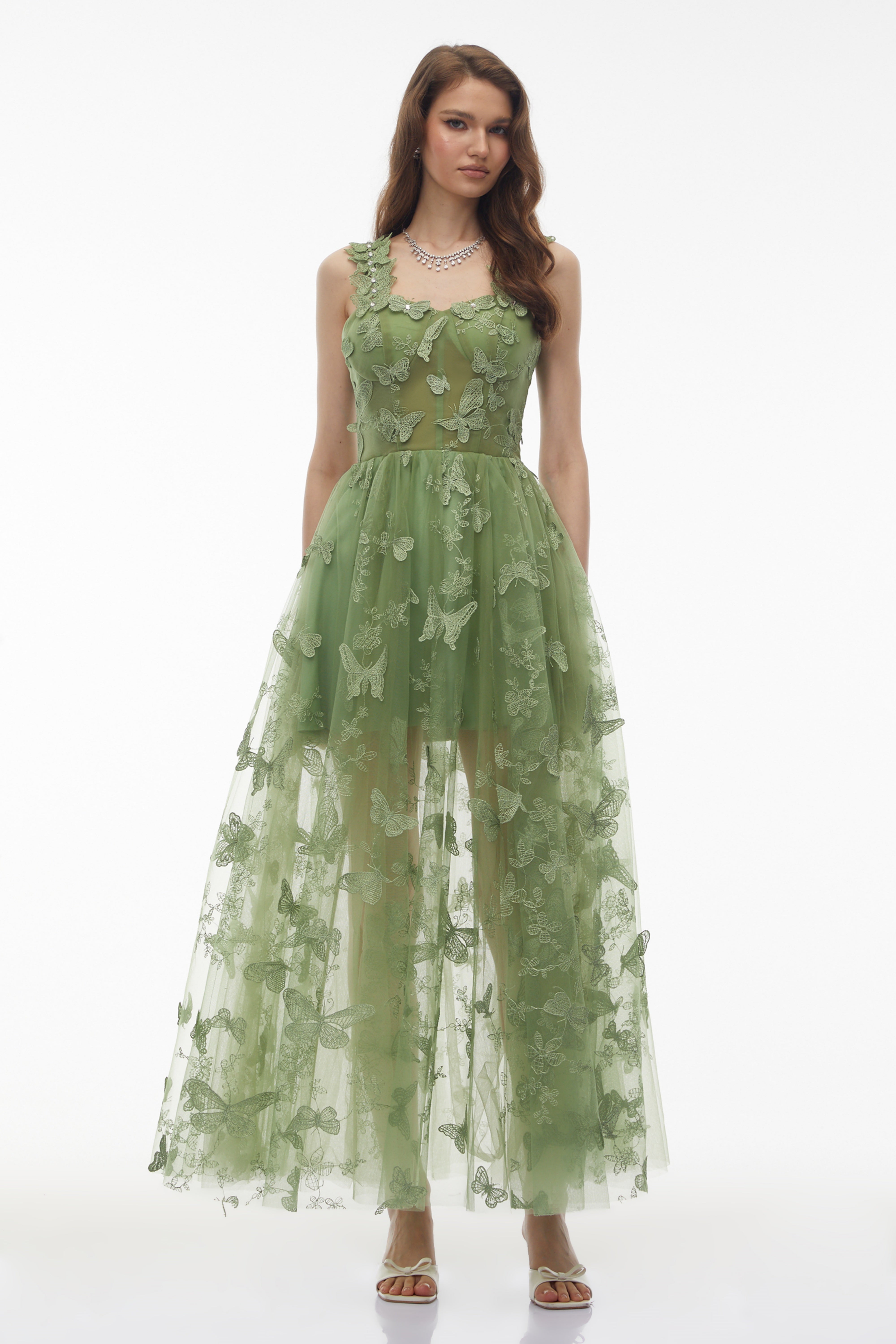 Iris Sage Green Tulle Maxi Dress with 3D Florals (Final Sale-US Only)
