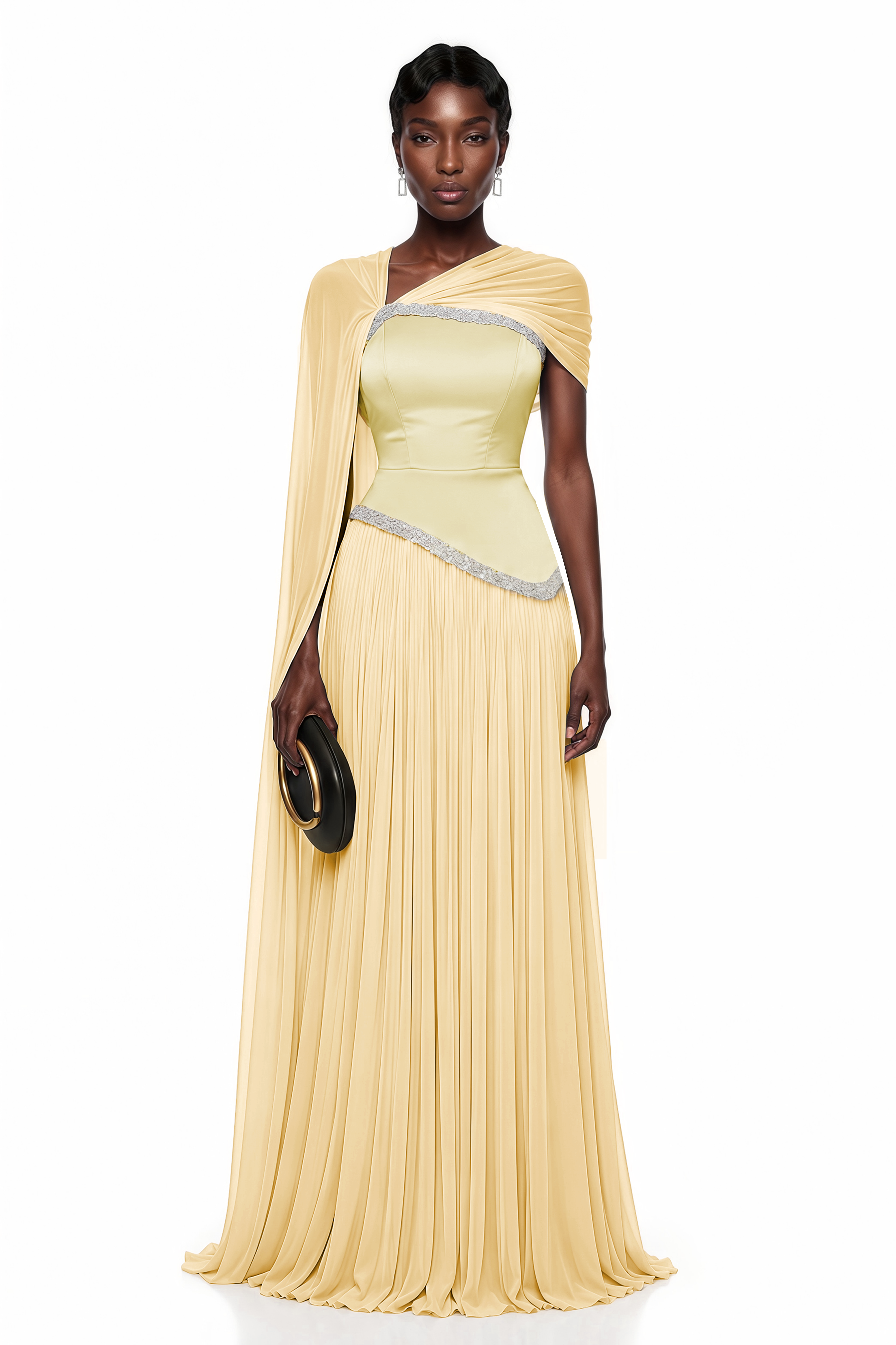 Iris Yellow Embellished Asymmetrical Maxi Dress with Cape