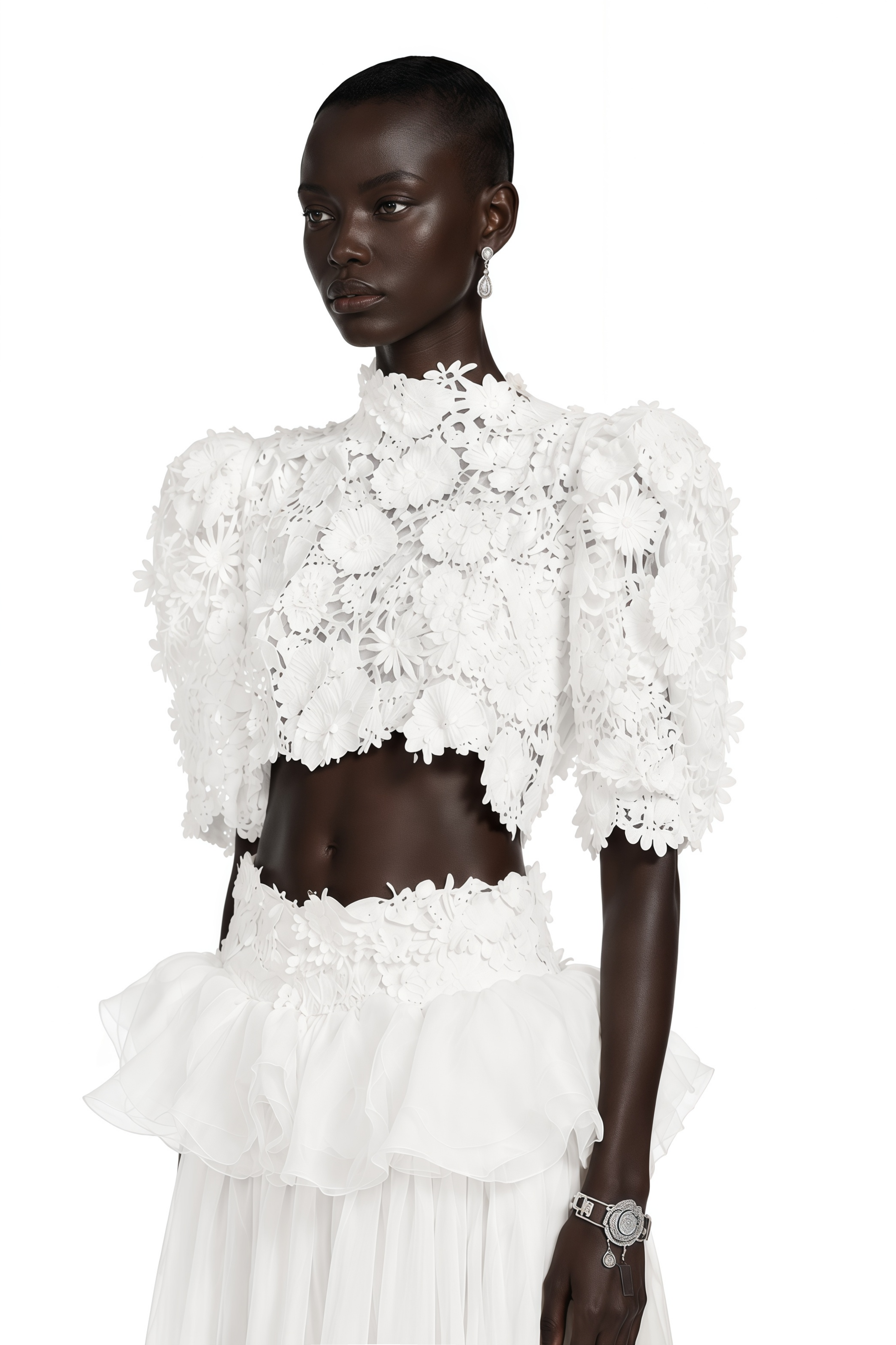 Isla White Lace Puff Sleeves Crop Top & Skirt Set