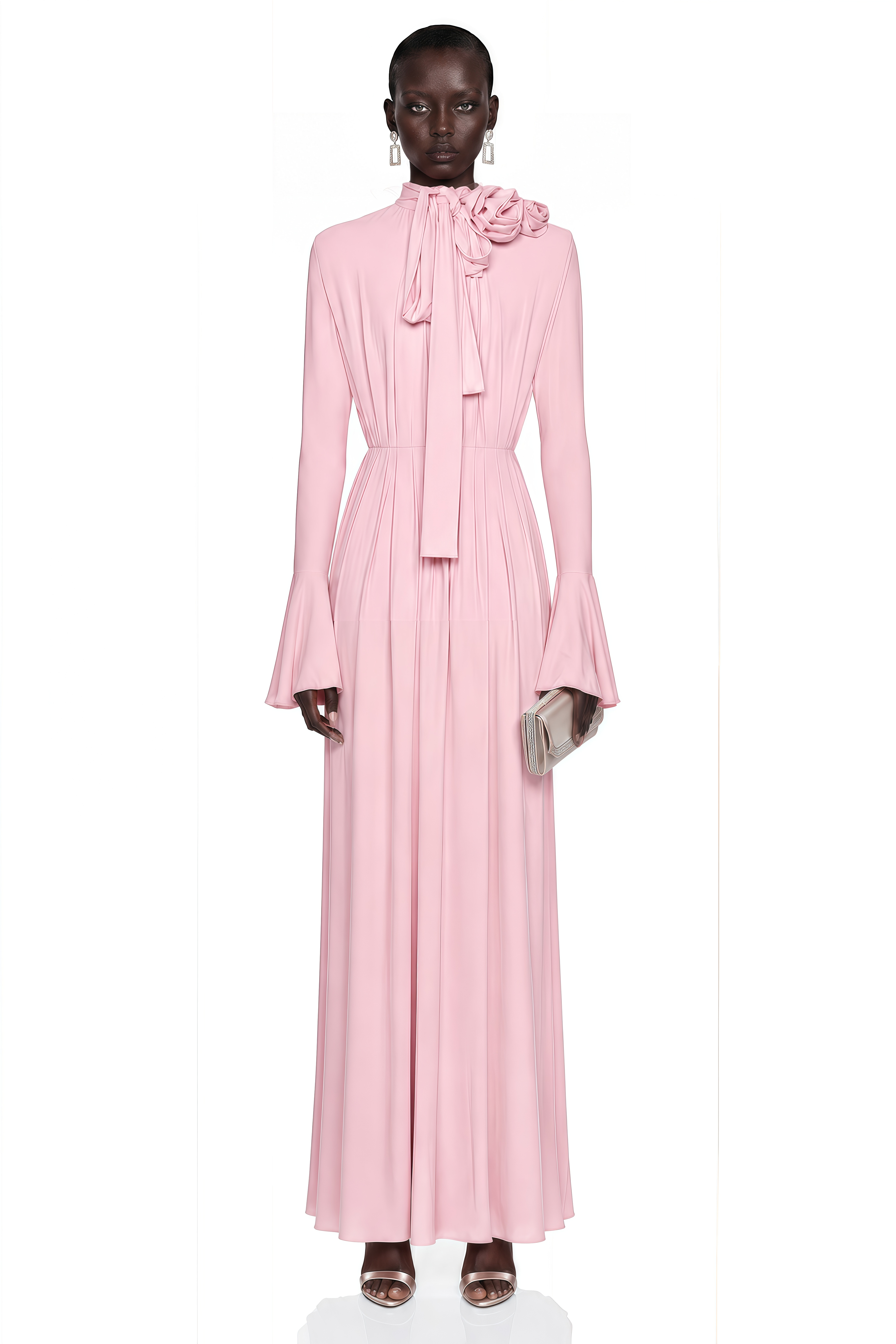 Pink long-sleeve maxi dress with a pussy-bow neck tie and 3D floral accent