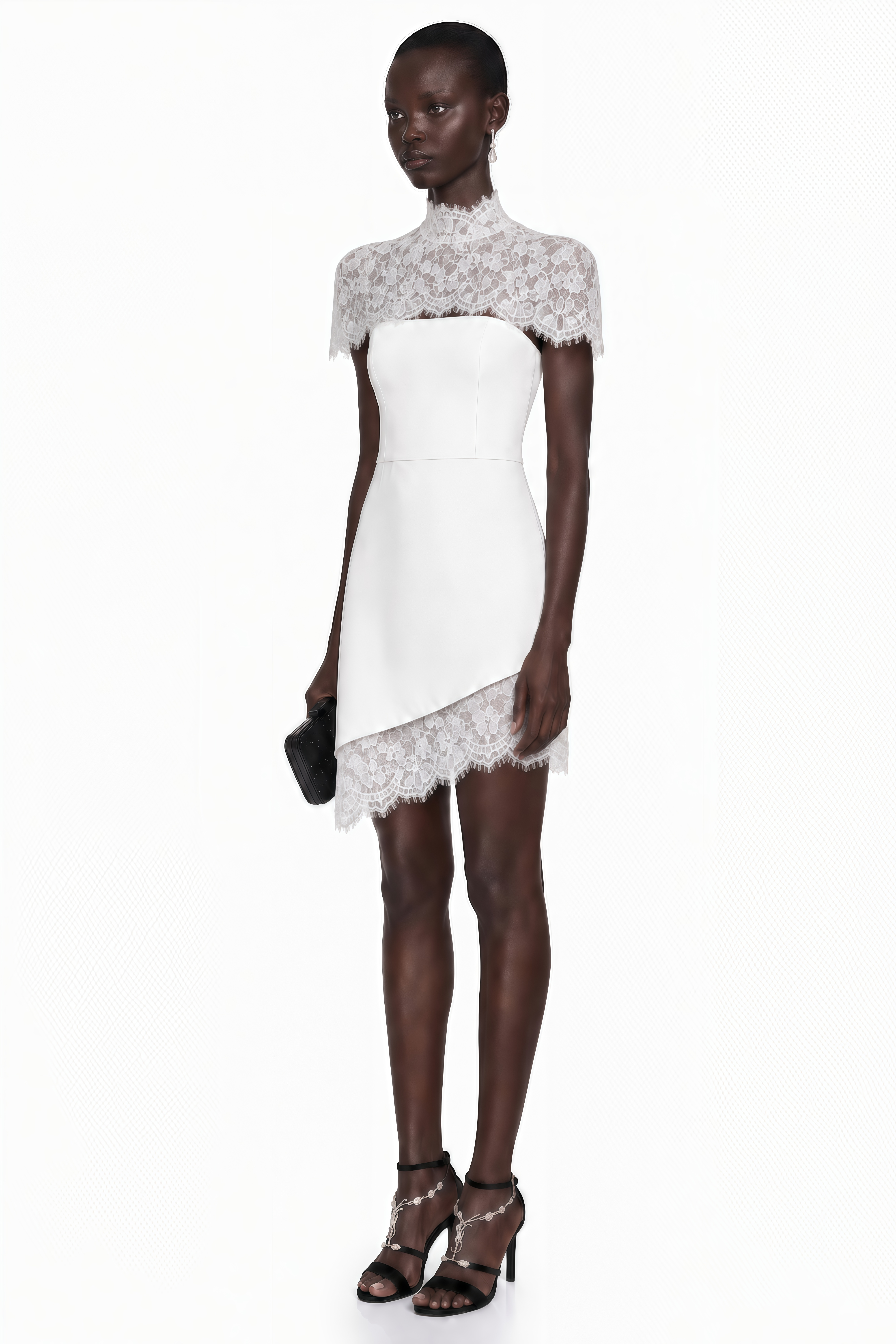 White strapless mini dress with a high-neck lace capelet and asymmetrical hem