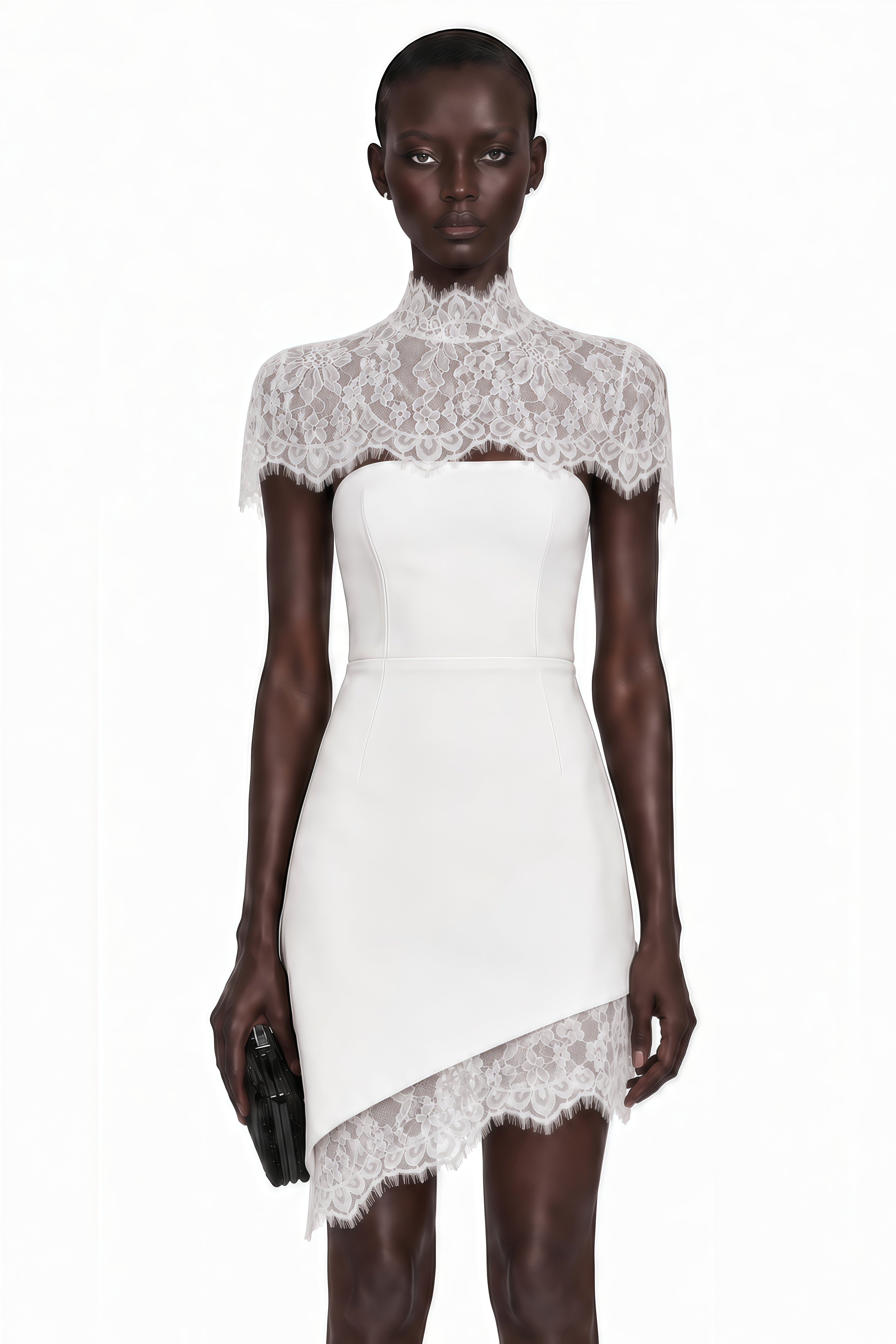White strapless mini dress with a high-neck lace capelet and asymmetrical hem