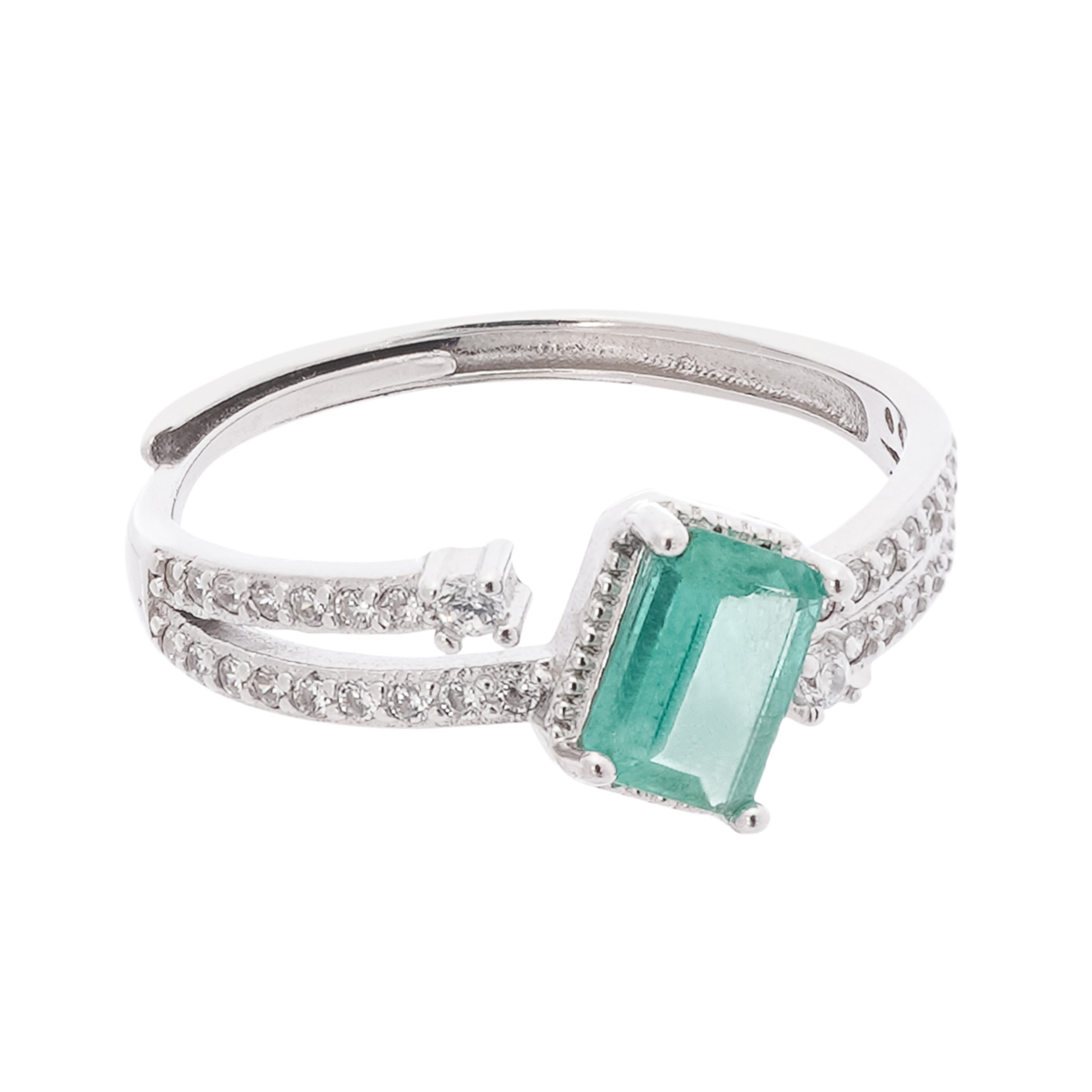 Juliette Emerald Green Emerald Cut Bypass Sterling Silver Ring