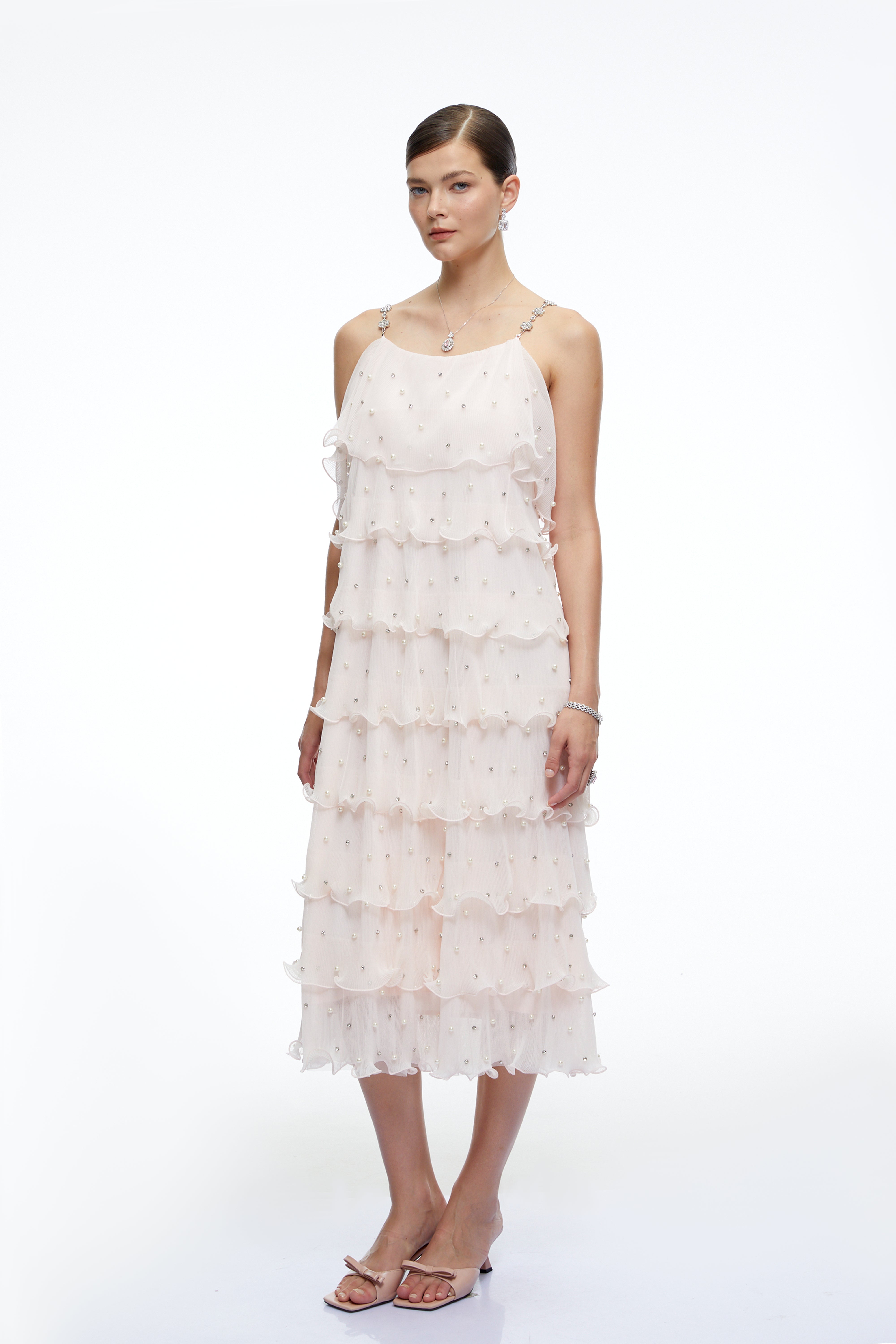 Juliette Pink Pearl Embellished Tiered Midi Dress