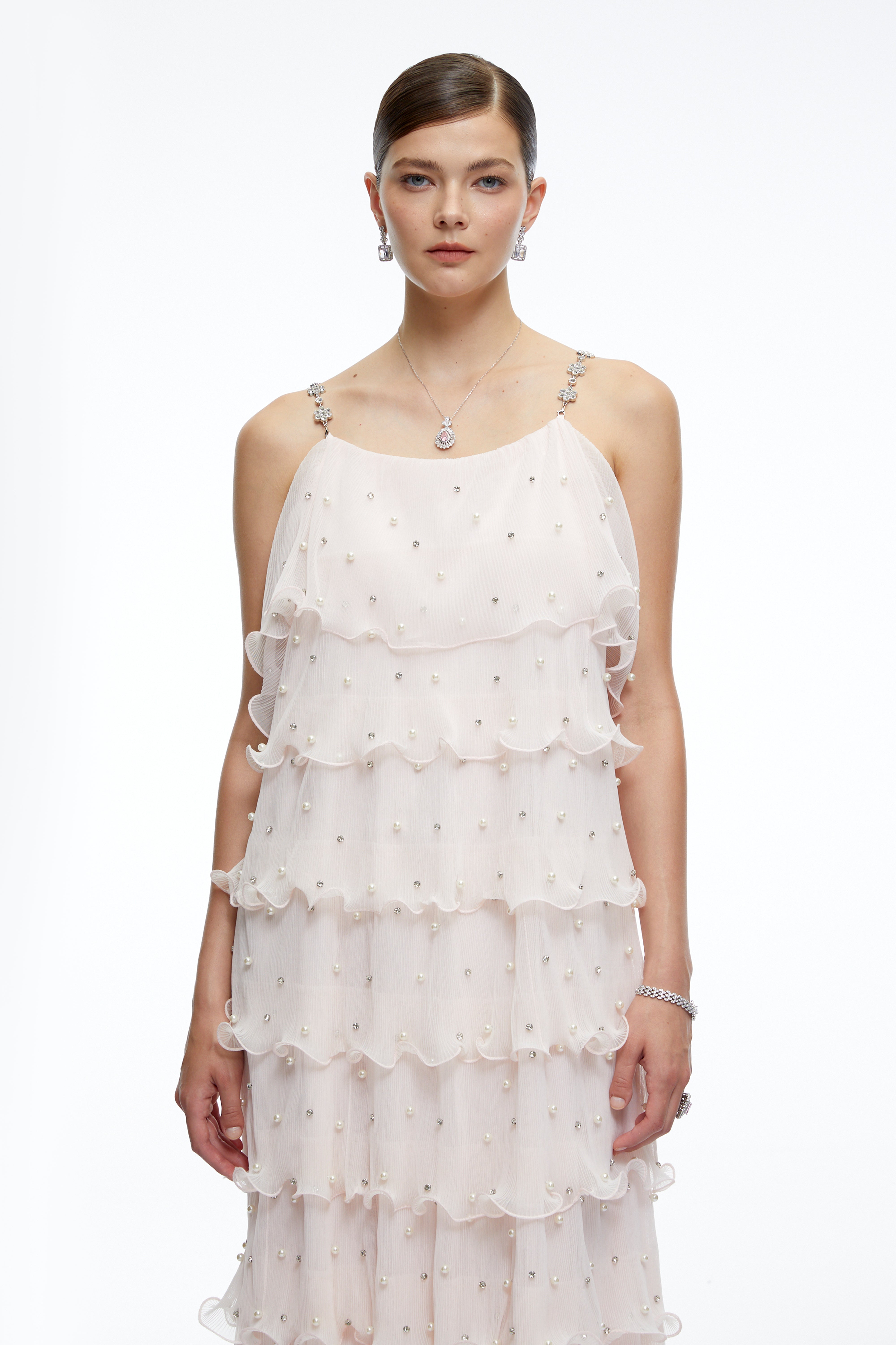 Juliette Pink Pearl Embellished Tiered Midi Dress