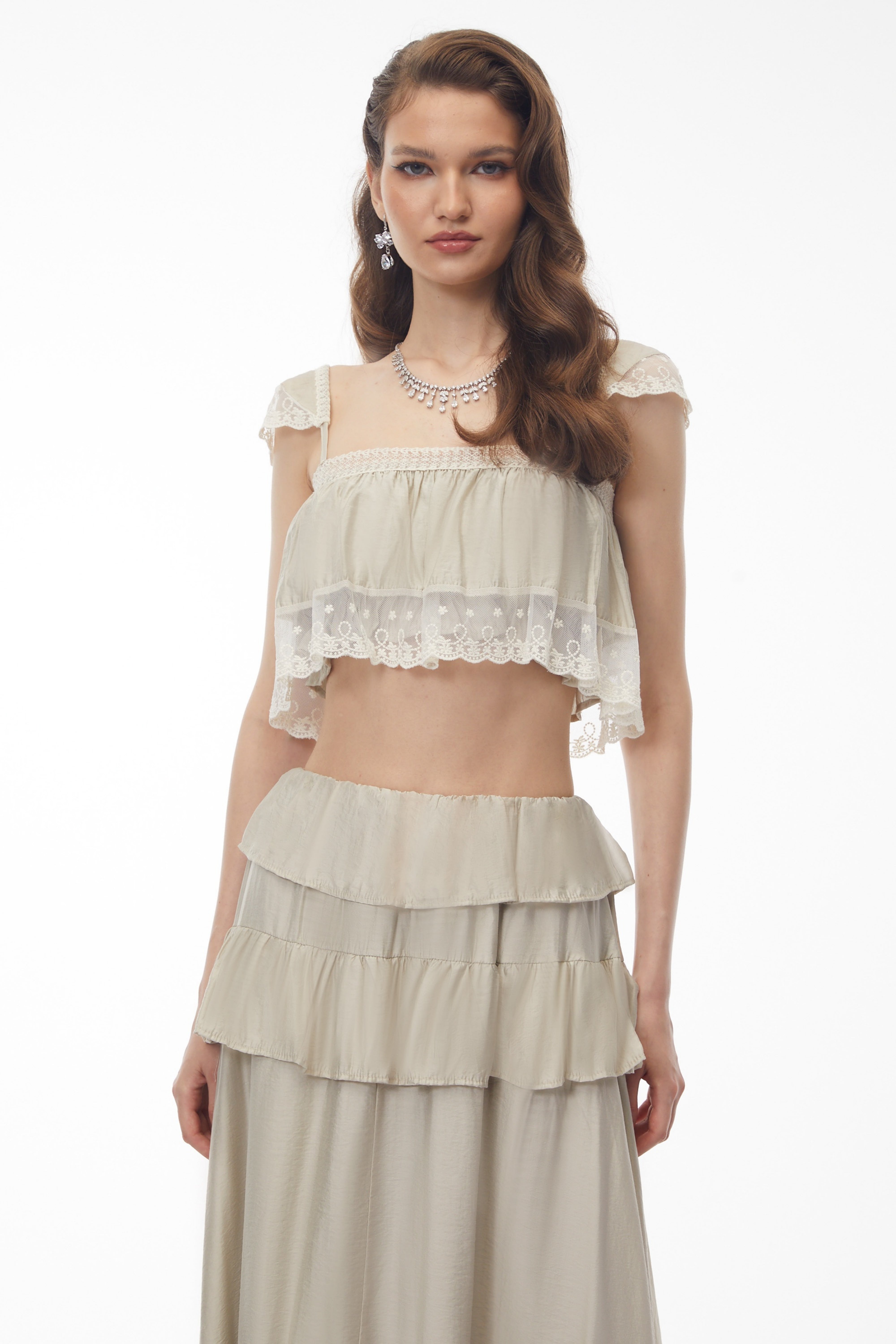 Juturna Apricot-Grey Crop Top & Ruffled Skirt Set (Final Sale-US Only)