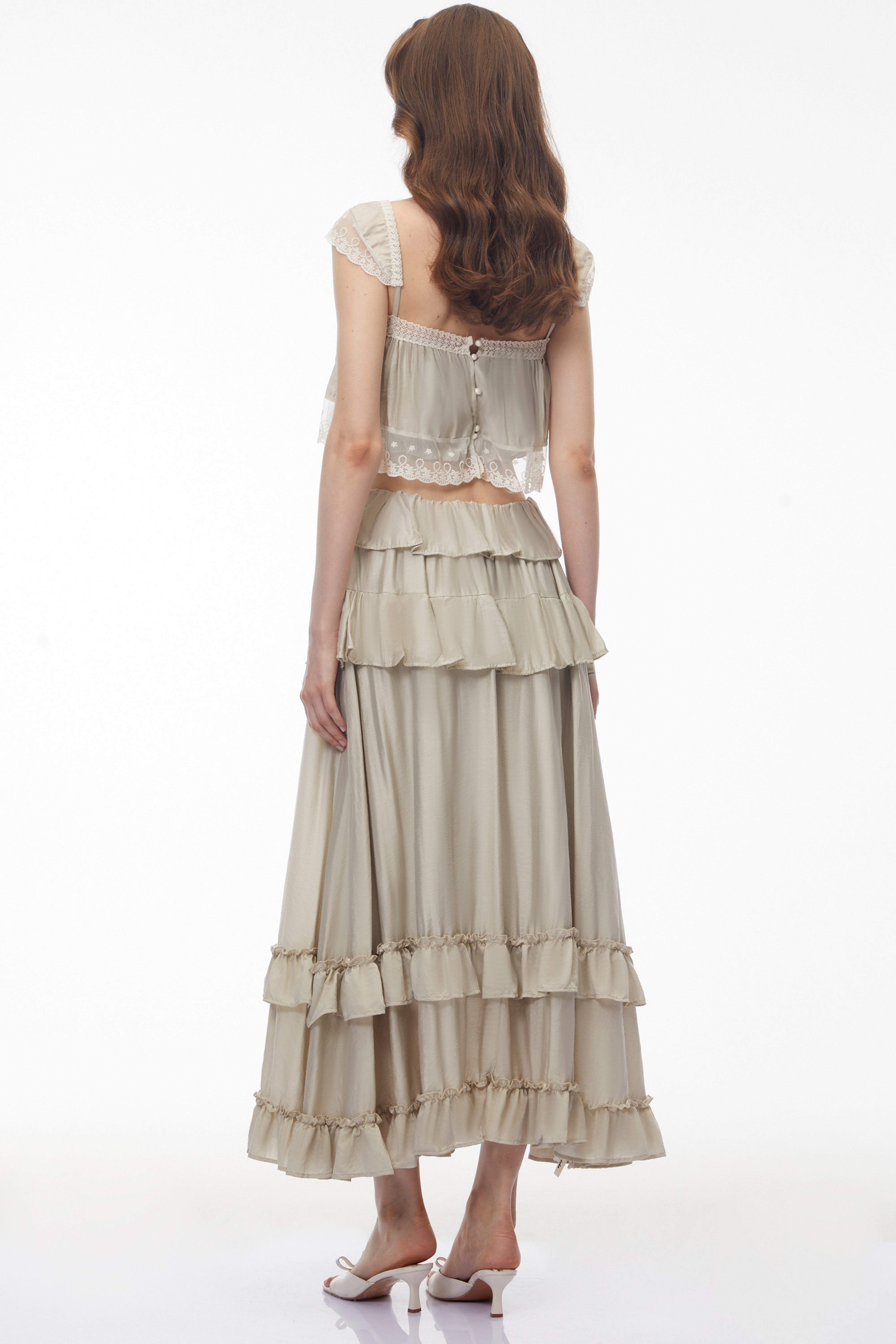 Juturna Apricot-Grey Crop Top & Ruffled Skirt Set (Final Sale-US Only)