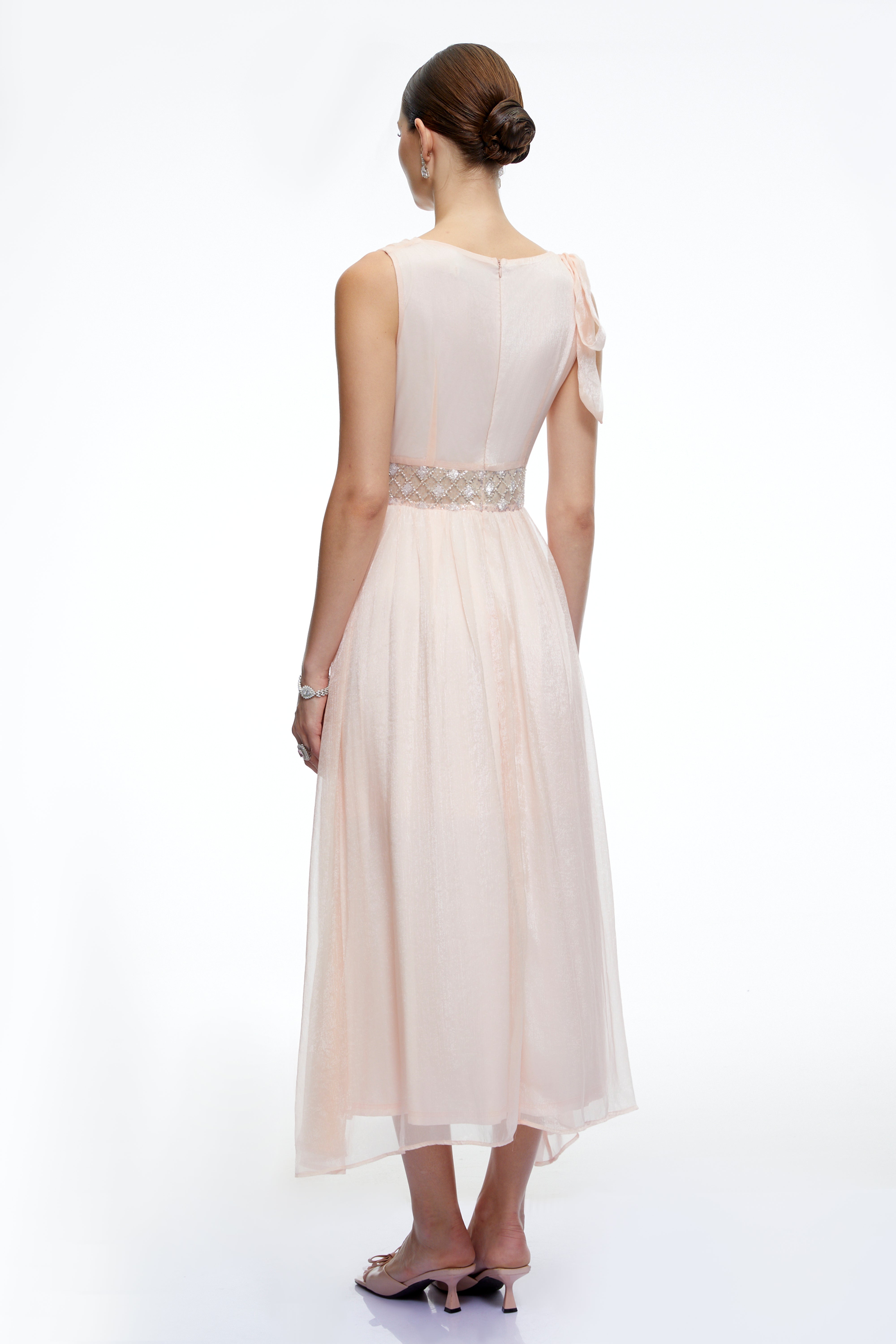 Kaelin Pink Draped Cowl Neck Midi Dress with Bow