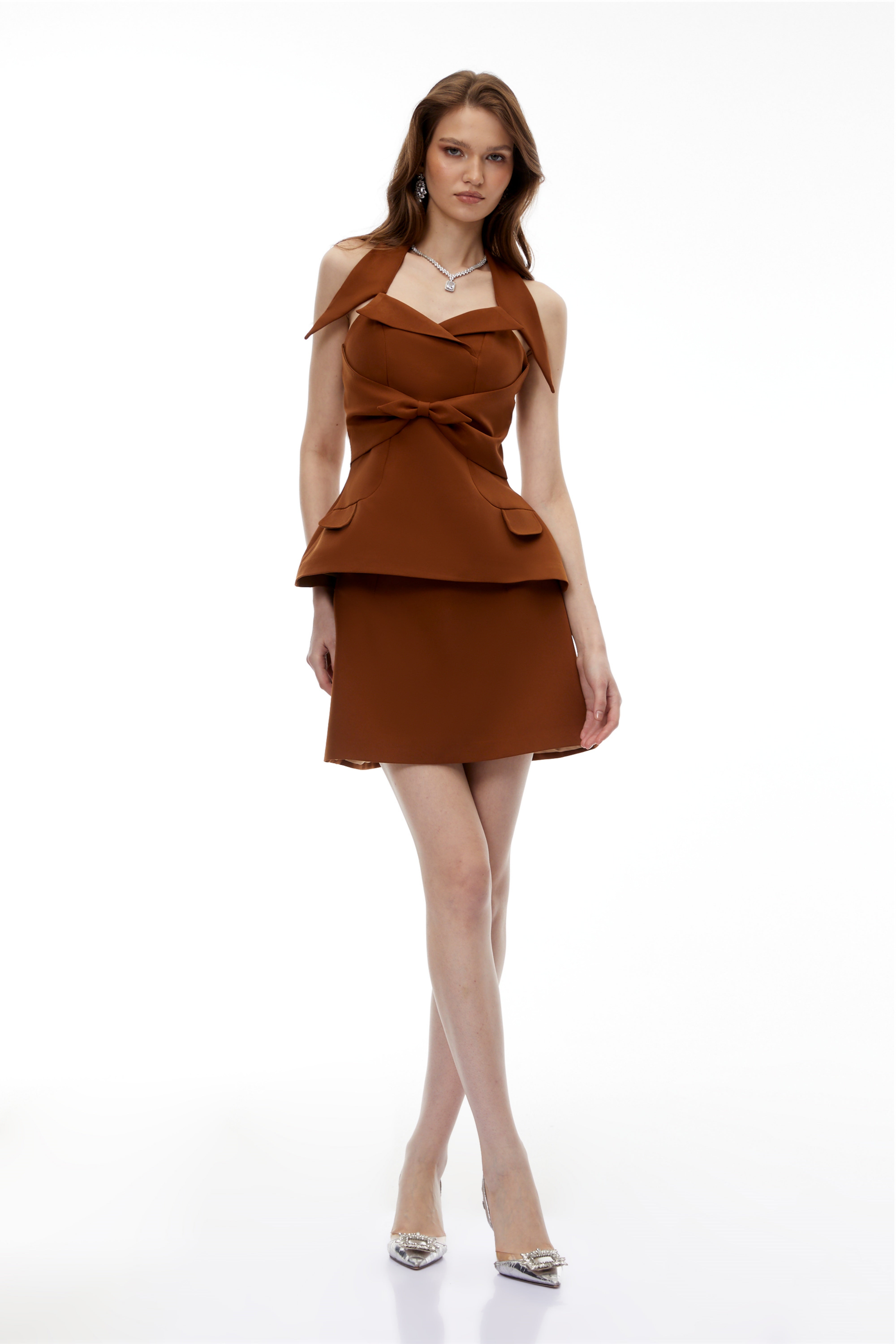 Katayoun Brown Halterneck Top & Skirt Set (Final Sale)