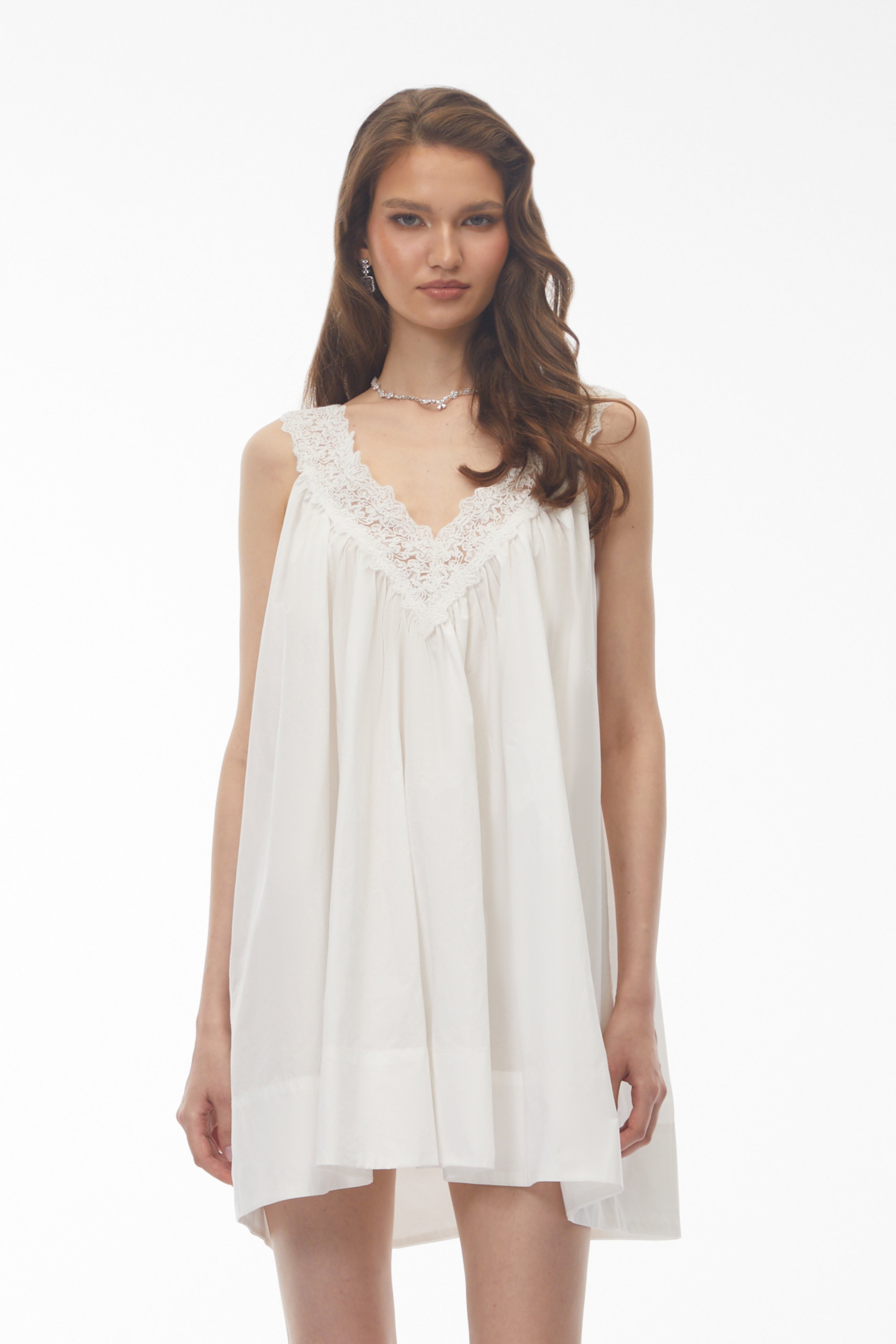 Kátia White Ruched Mini Dress with Lace Trim (Final Sale-US Only)