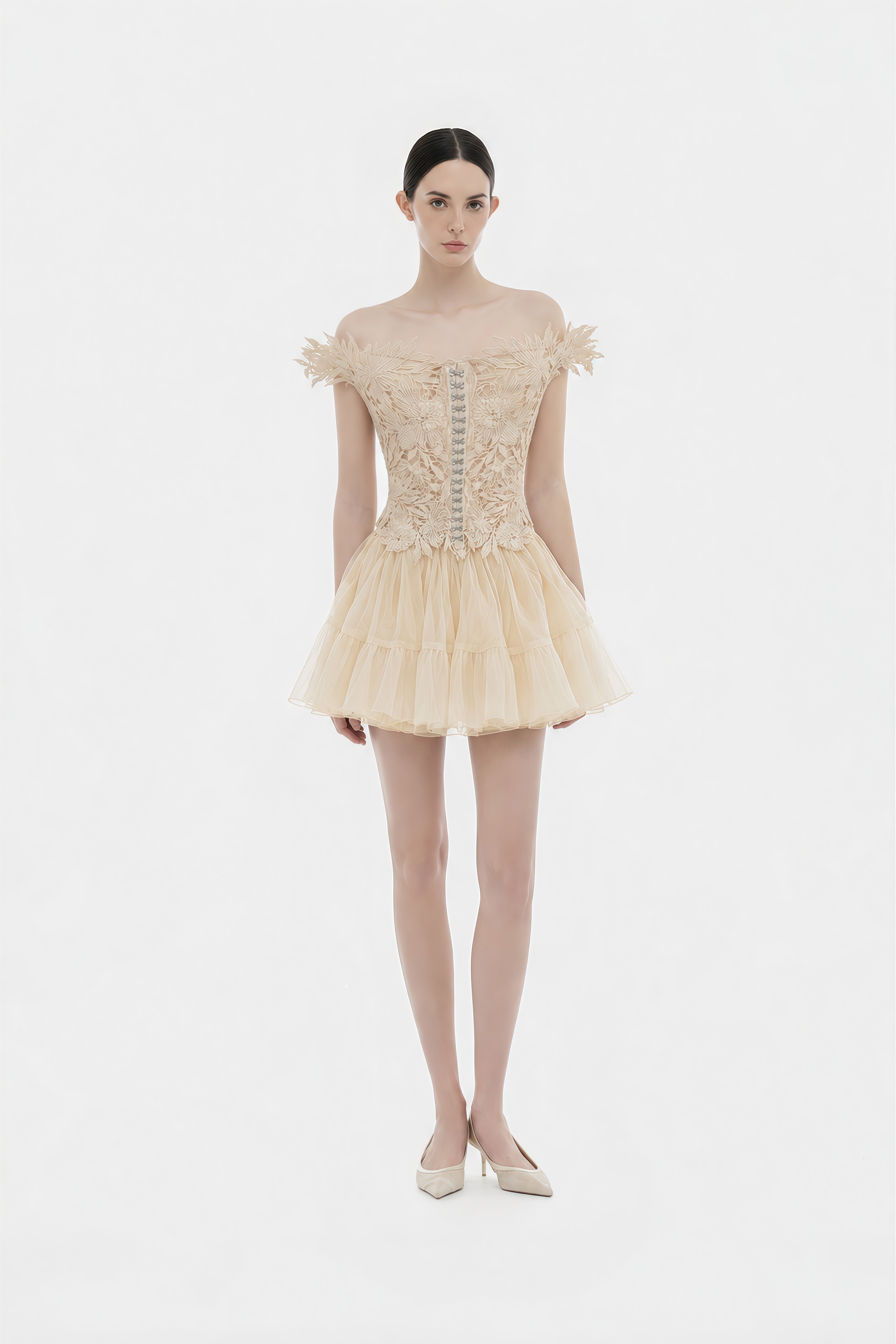 Beige off-the-shoulder mini dress with a lace corset