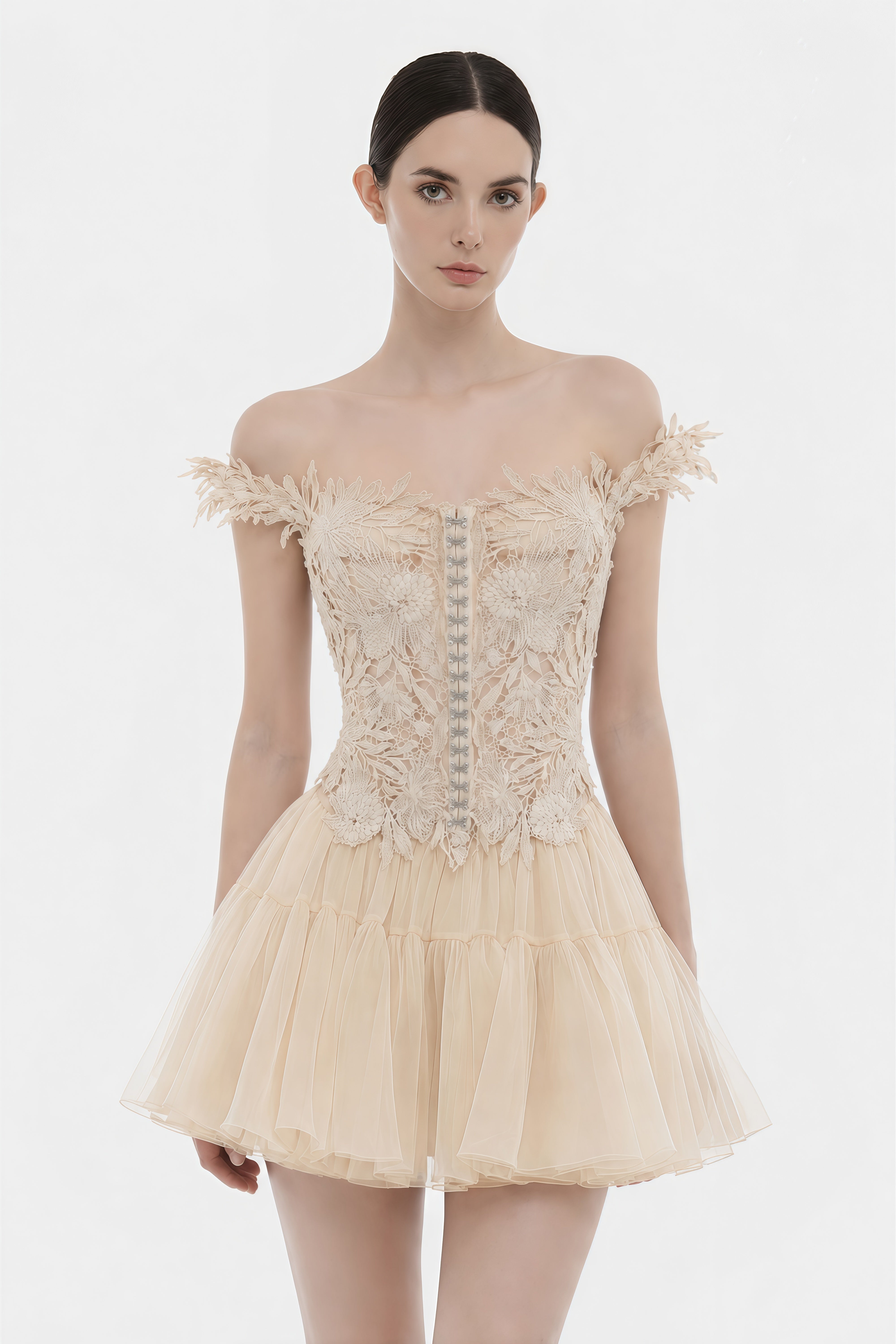 Beige off-the-shoulder mini dress with a lace corset