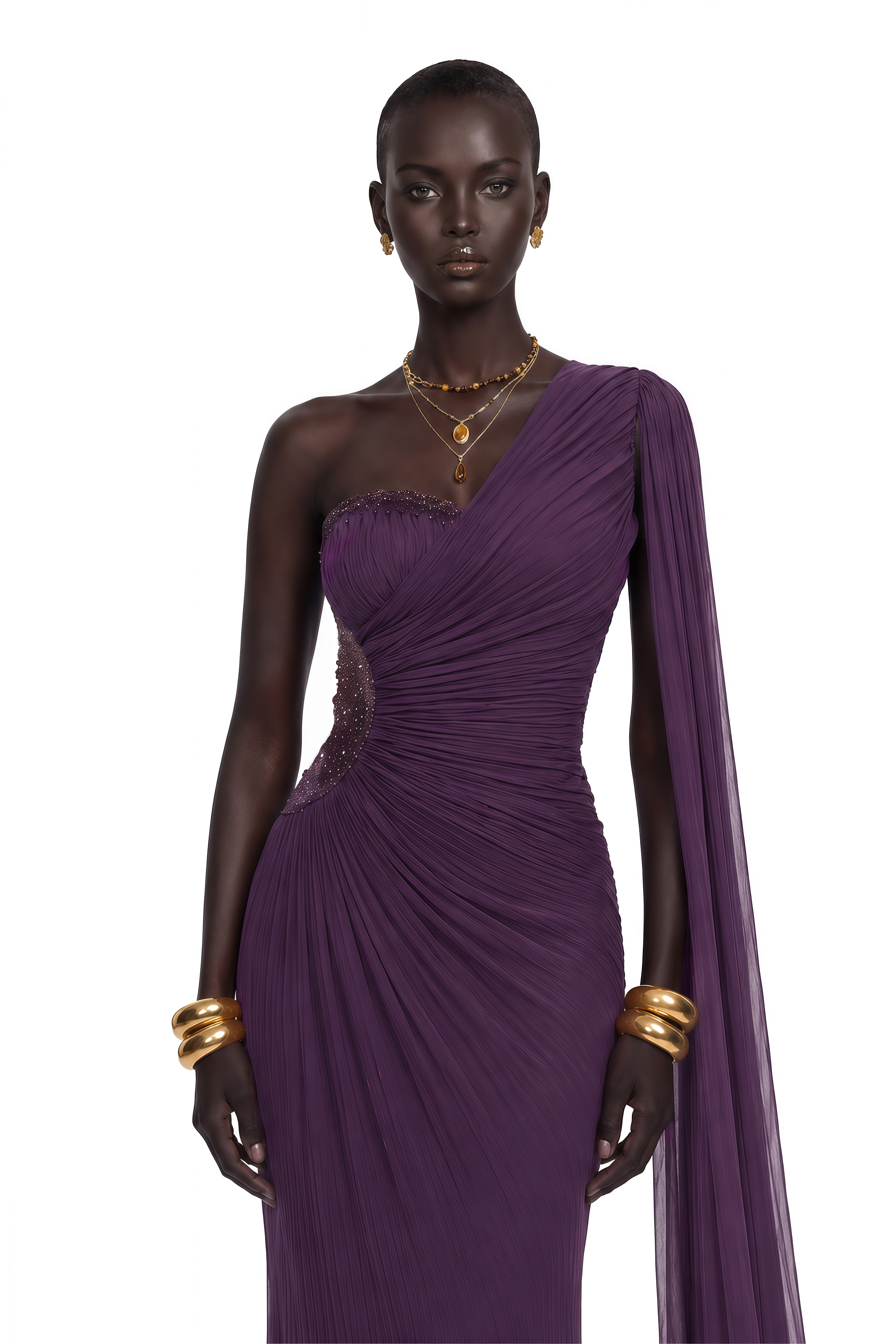Deep purple one-shoulder maxi dress with a draped cape overlay and side cutout