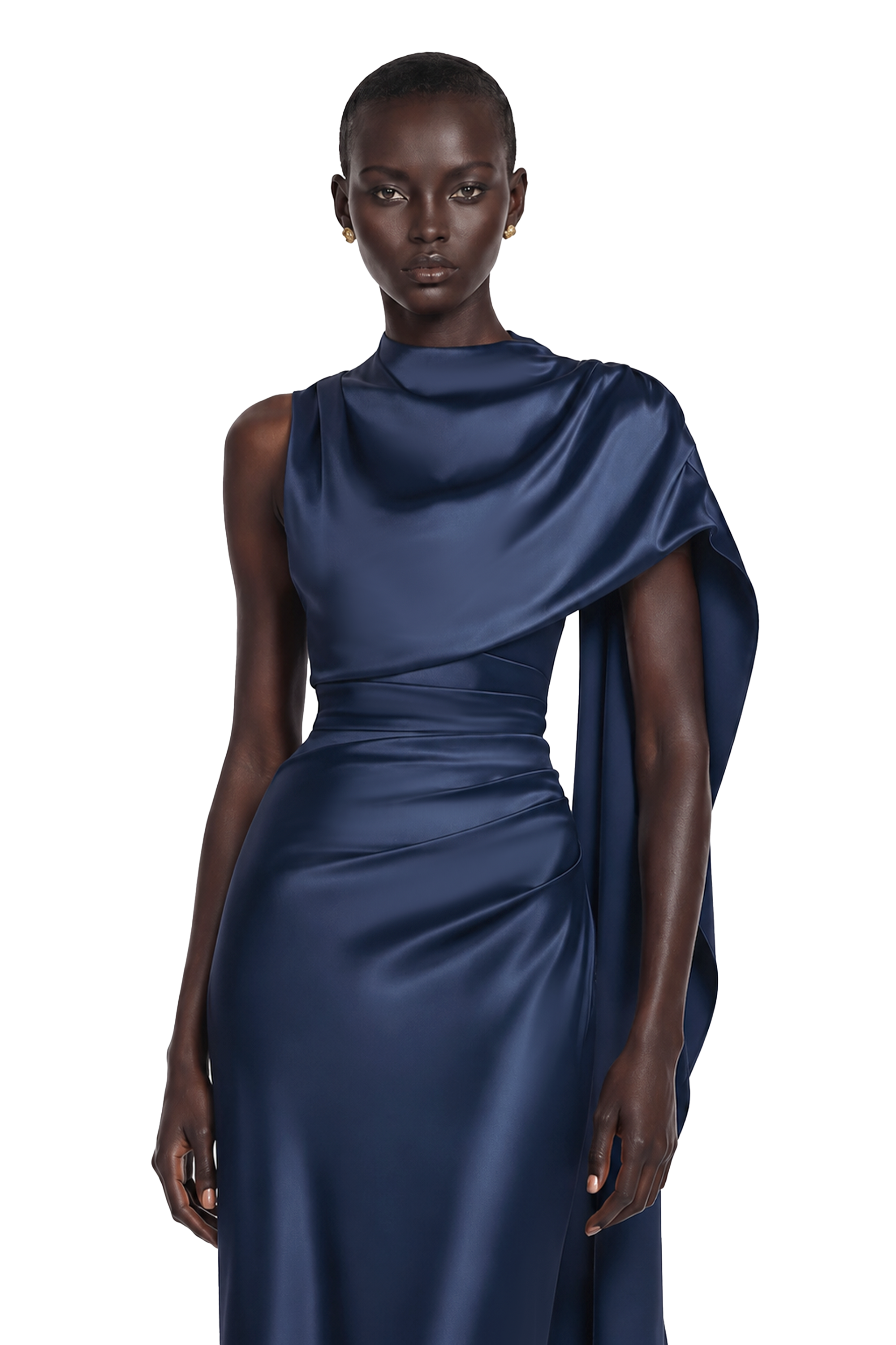 Kerttu Navy Blue Ruched Maxi Dress with Asymmetrical Sleeves