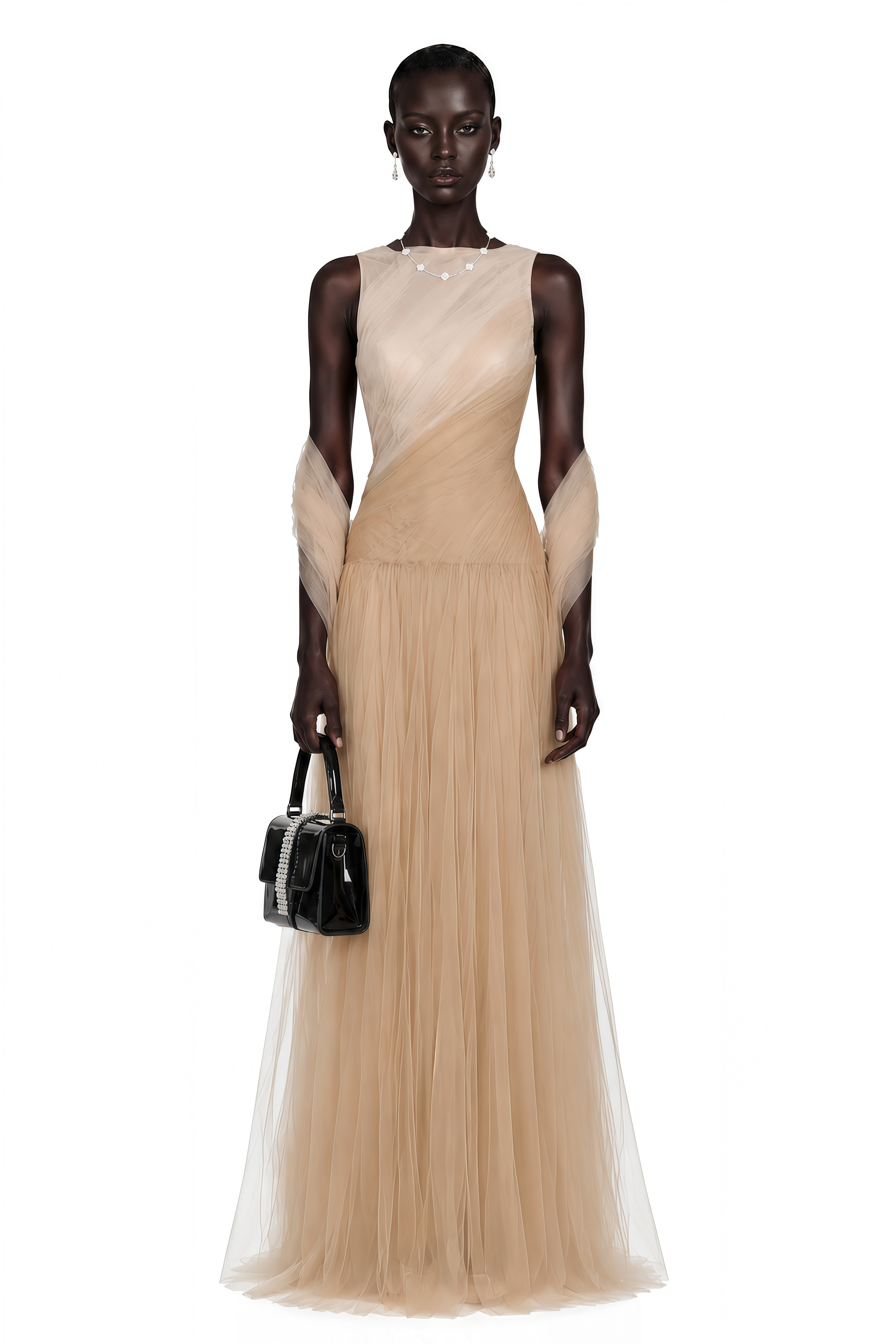 Larissa Champagne Sleeveless Maxi Dress with Mesh Panels (Without Shawl)