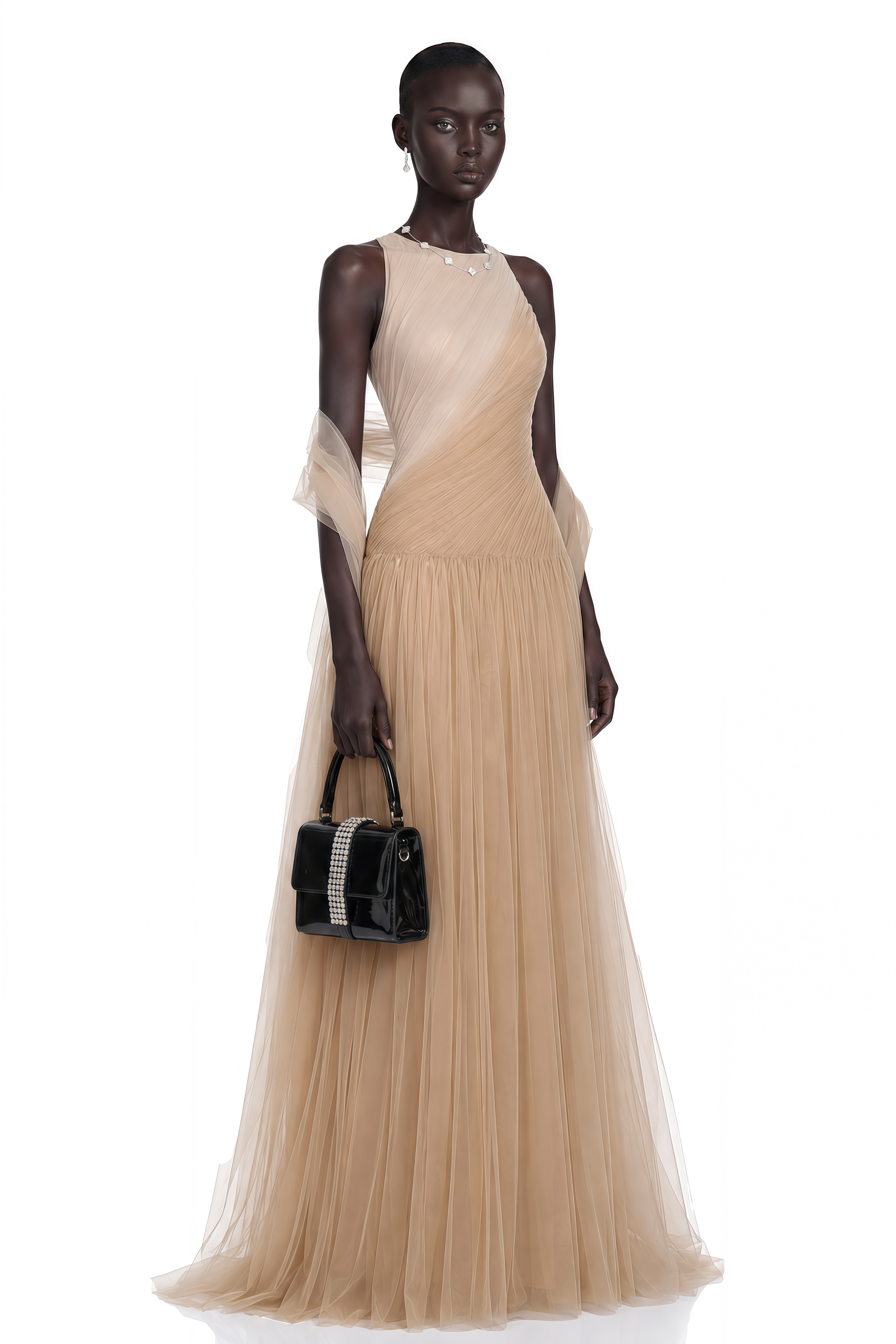 Larissa Champagne Sleeveless Maxi Dress with Mesh Panels (Without Shawl)