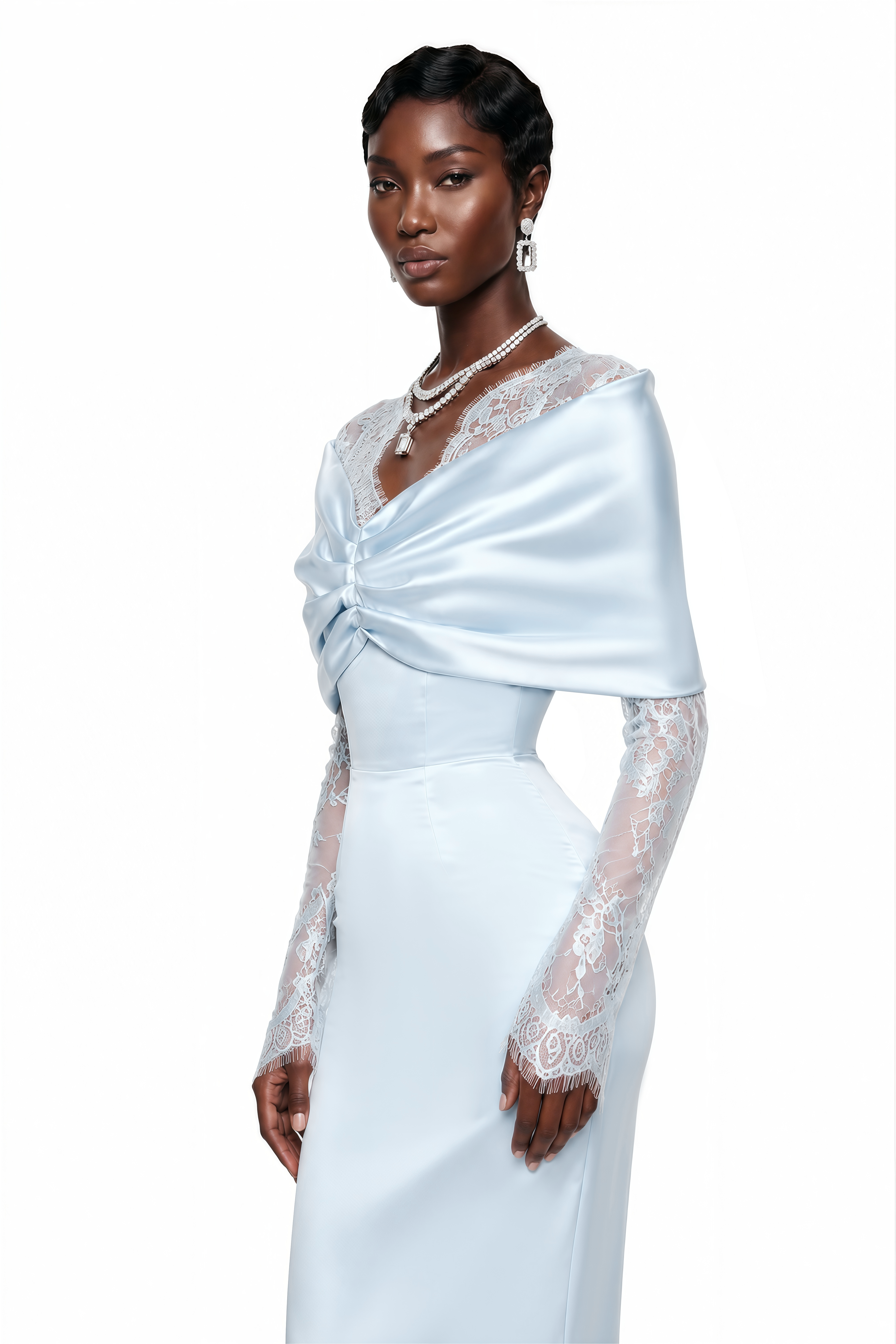Light blue satin maxi dress with long lace sleeves and a draped bodice