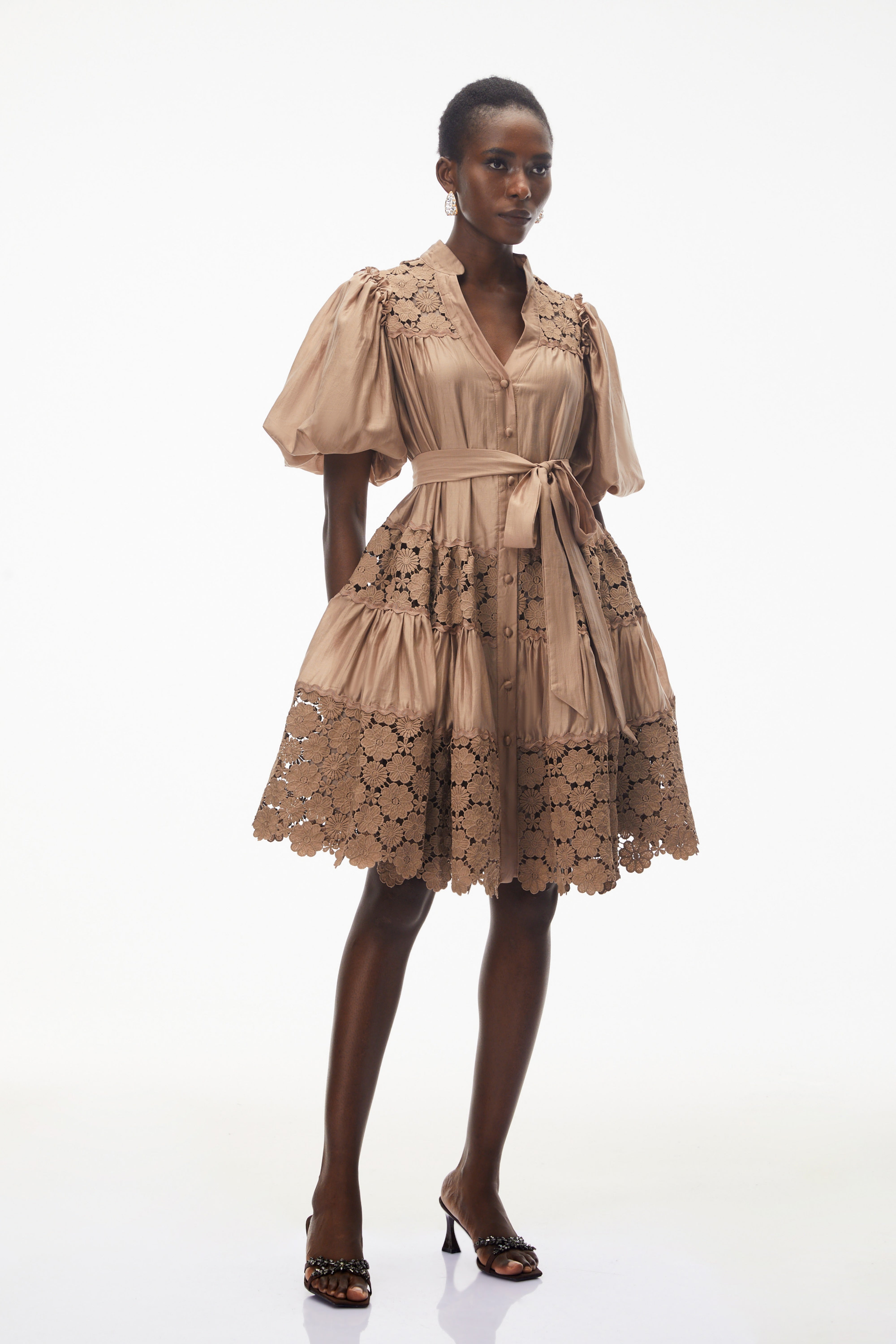 Lavinia Camel Satin Mini Dress with Floral Lace Panels (Final Sale-US Only)