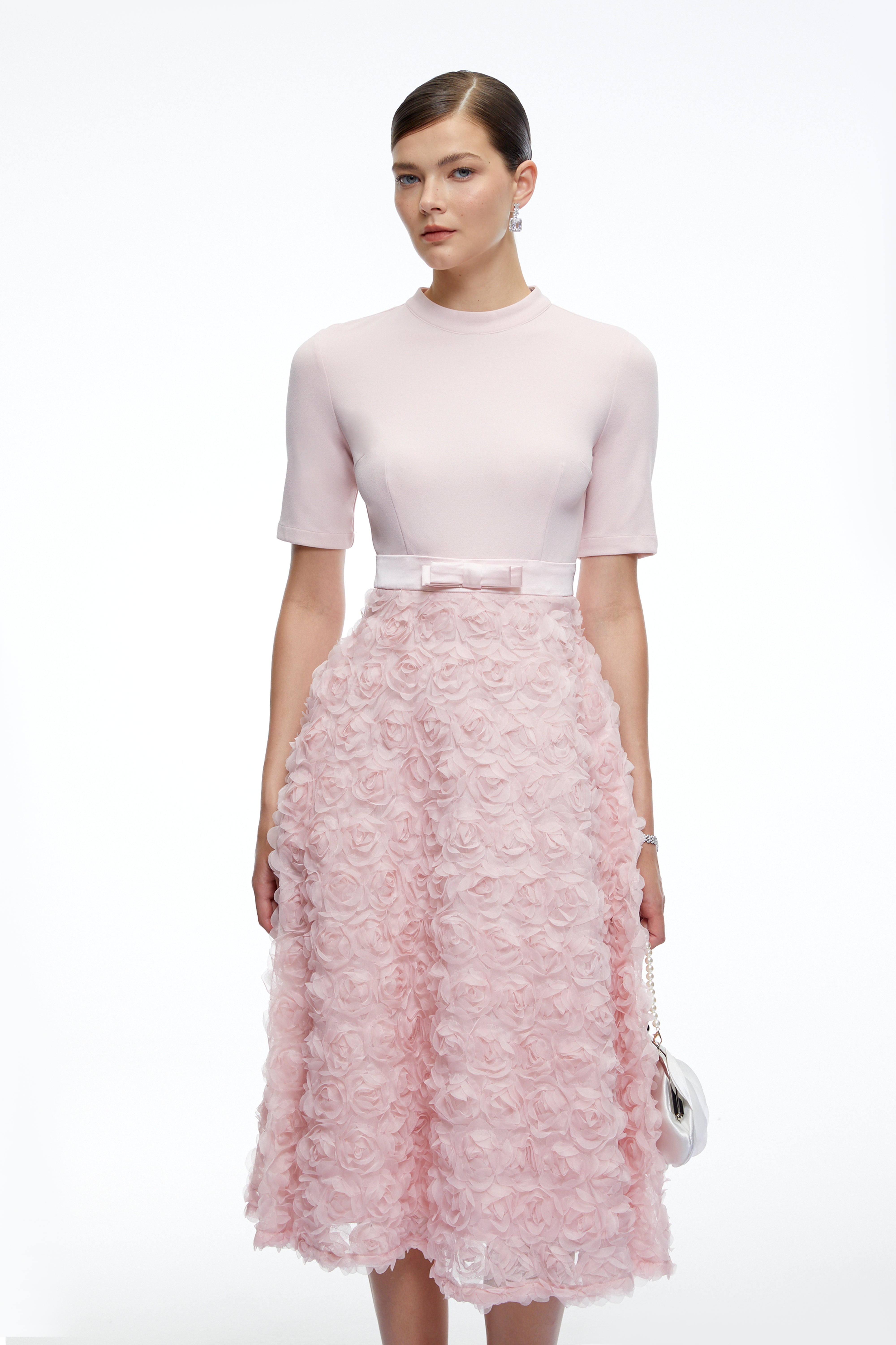 Lavinia Pink Tiered Midi Dress with 3D Florals