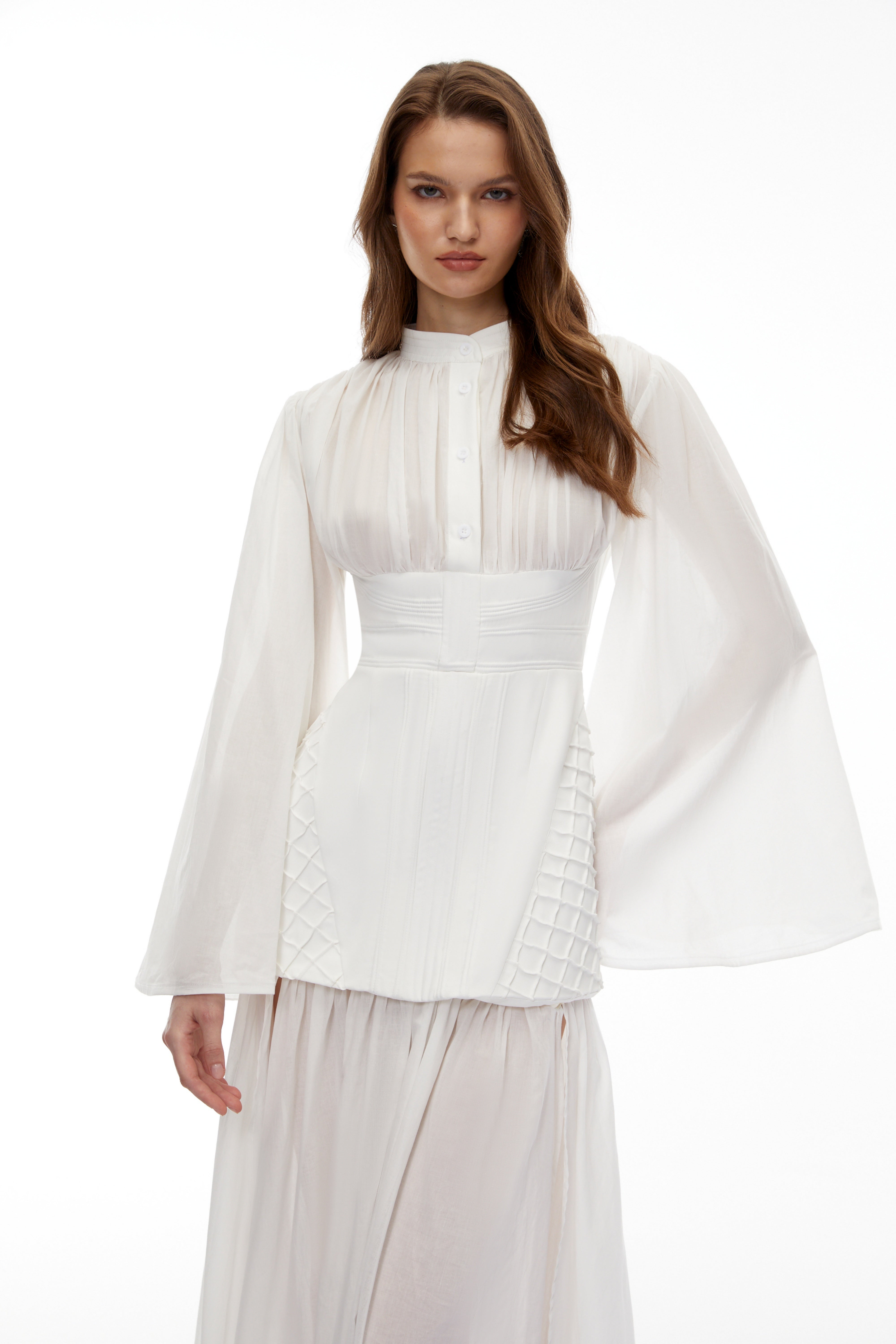 Lene White High Slit Ruched Maxi Dress