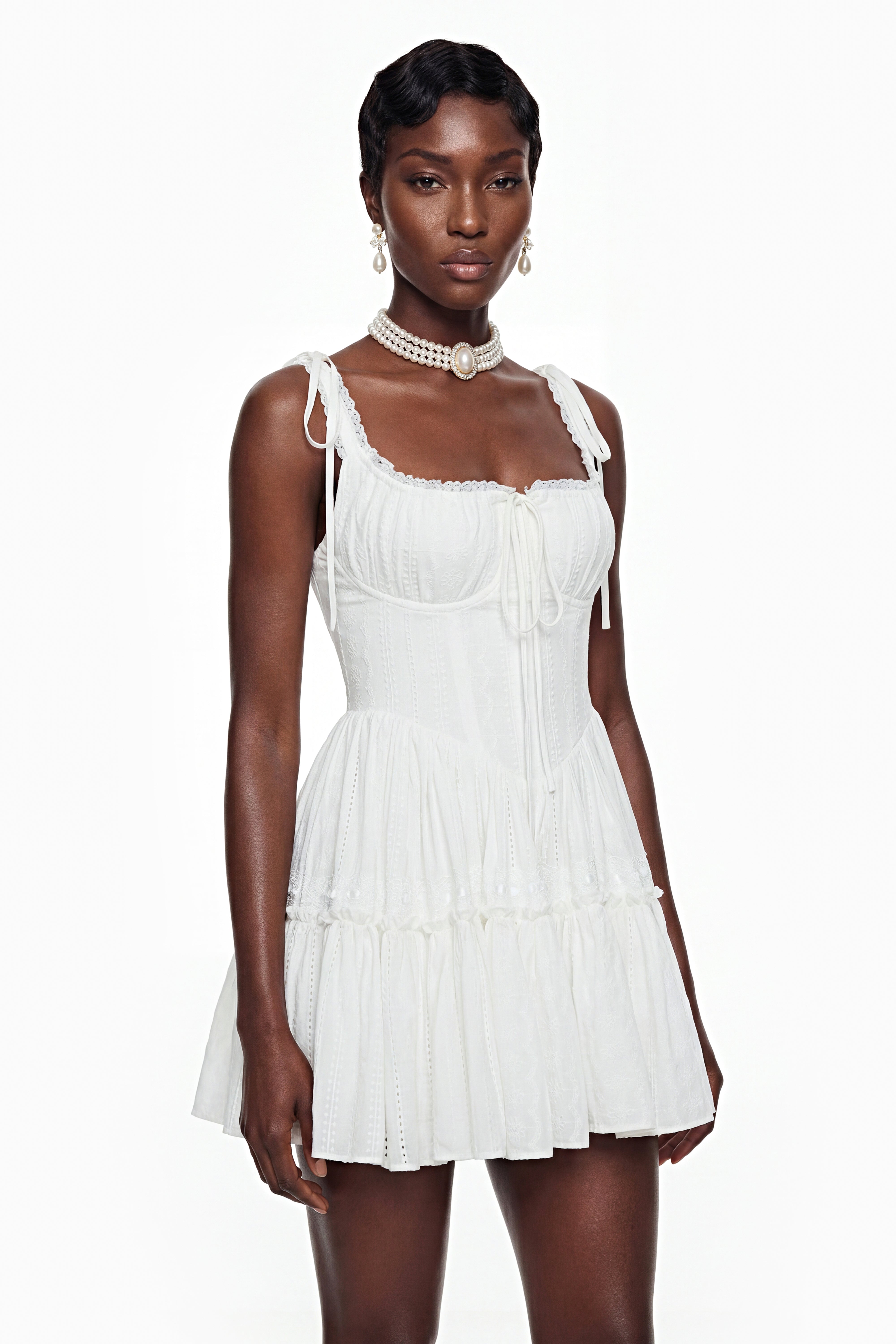 Lente White Ruffled Lace Mini Dress (Final Sale)