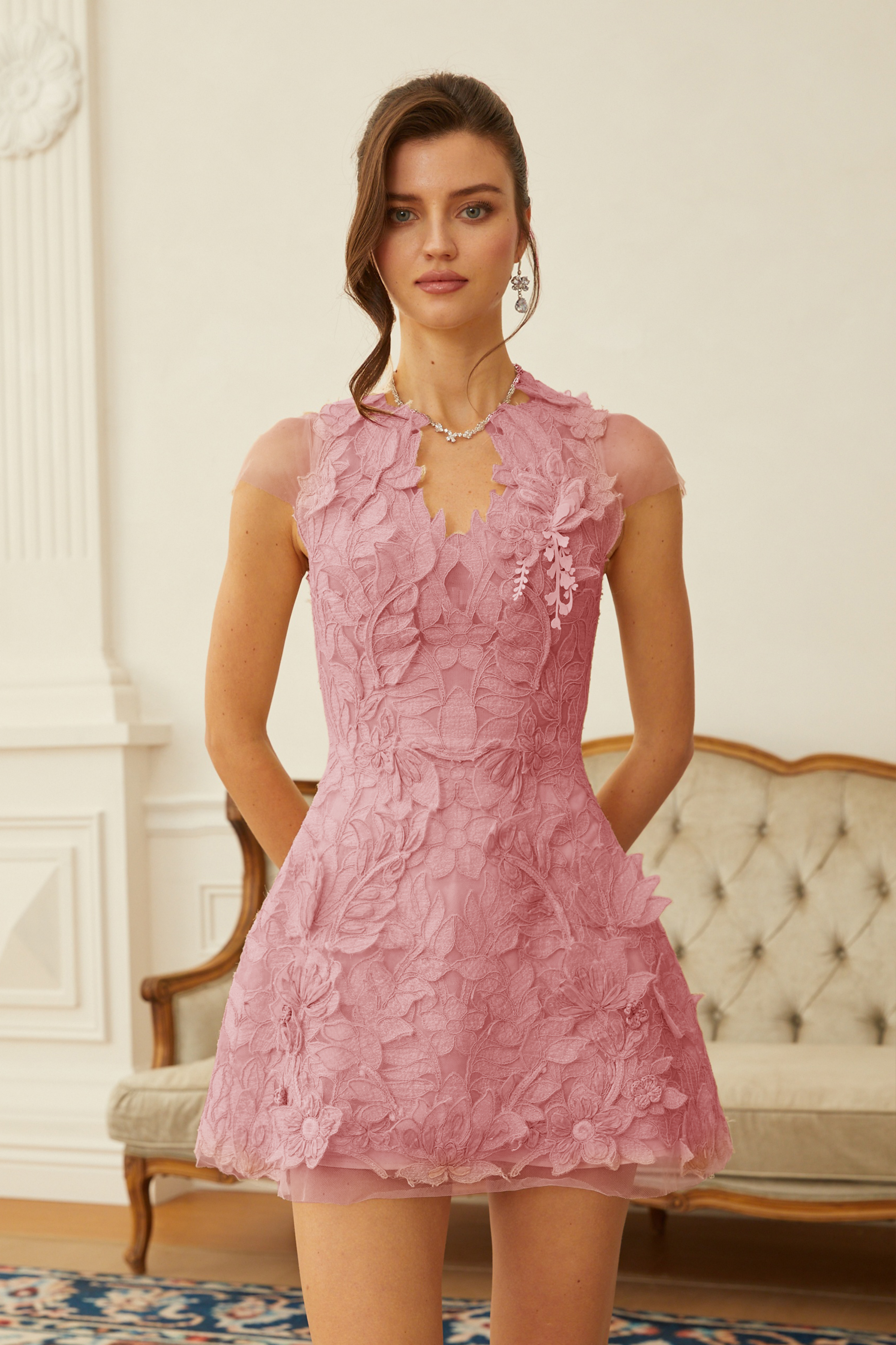 Linnea Pink Floral Applique V-Neck Mini Dress (Final Sale)