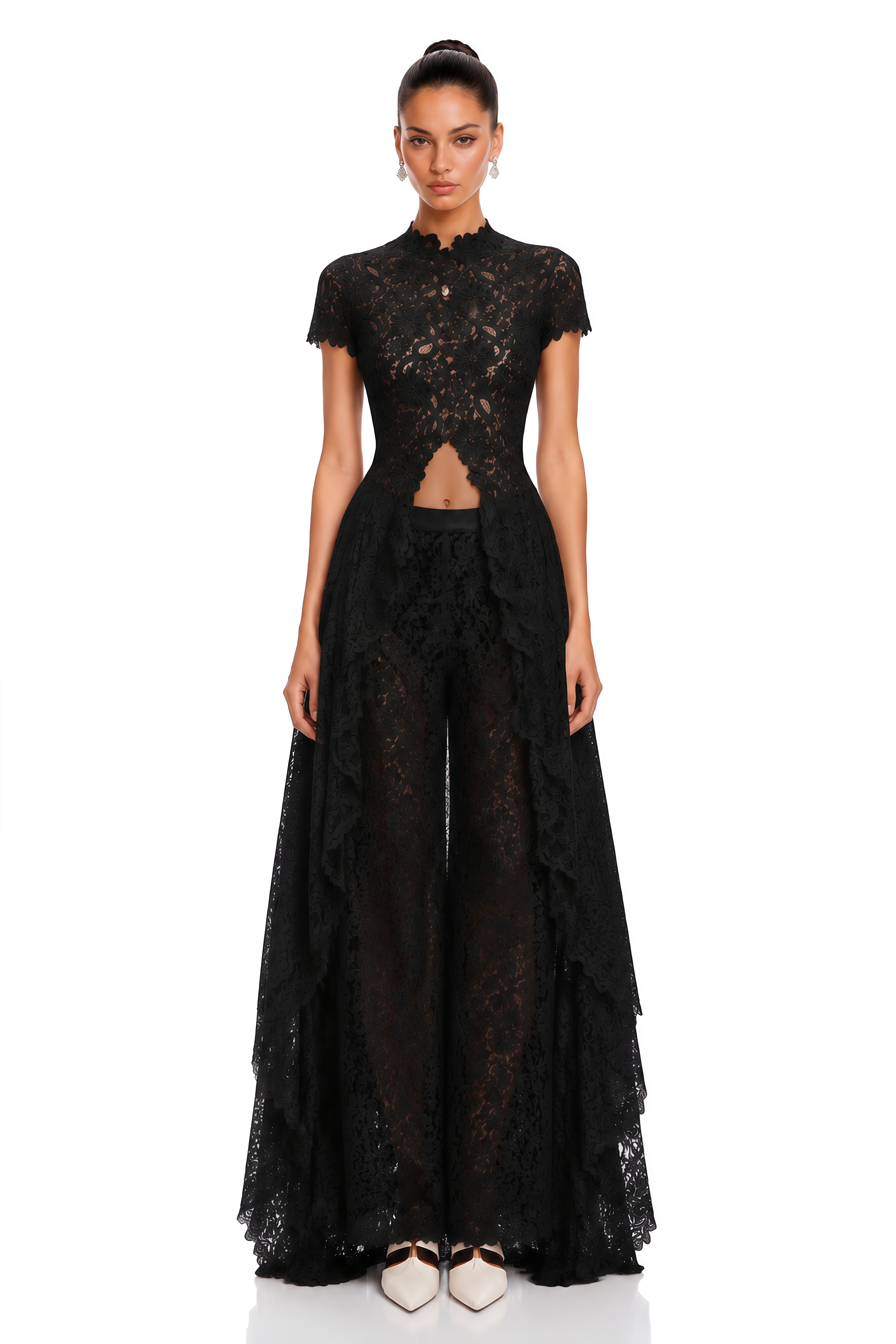 Loana Black Floral Lace Top & Trousers Set