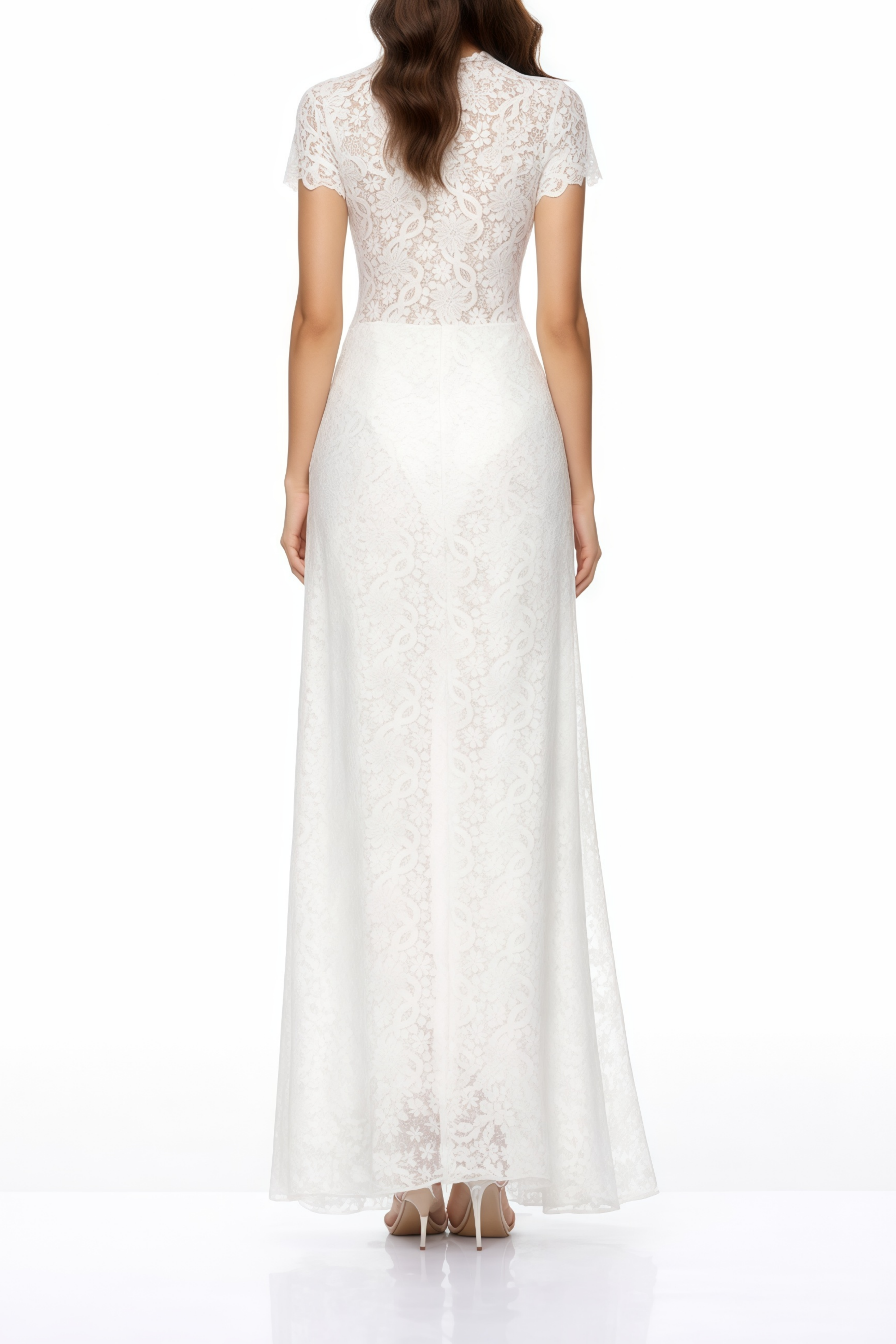Black long-sleeve maxi dress with a sheer lace bodice and a draped skirt