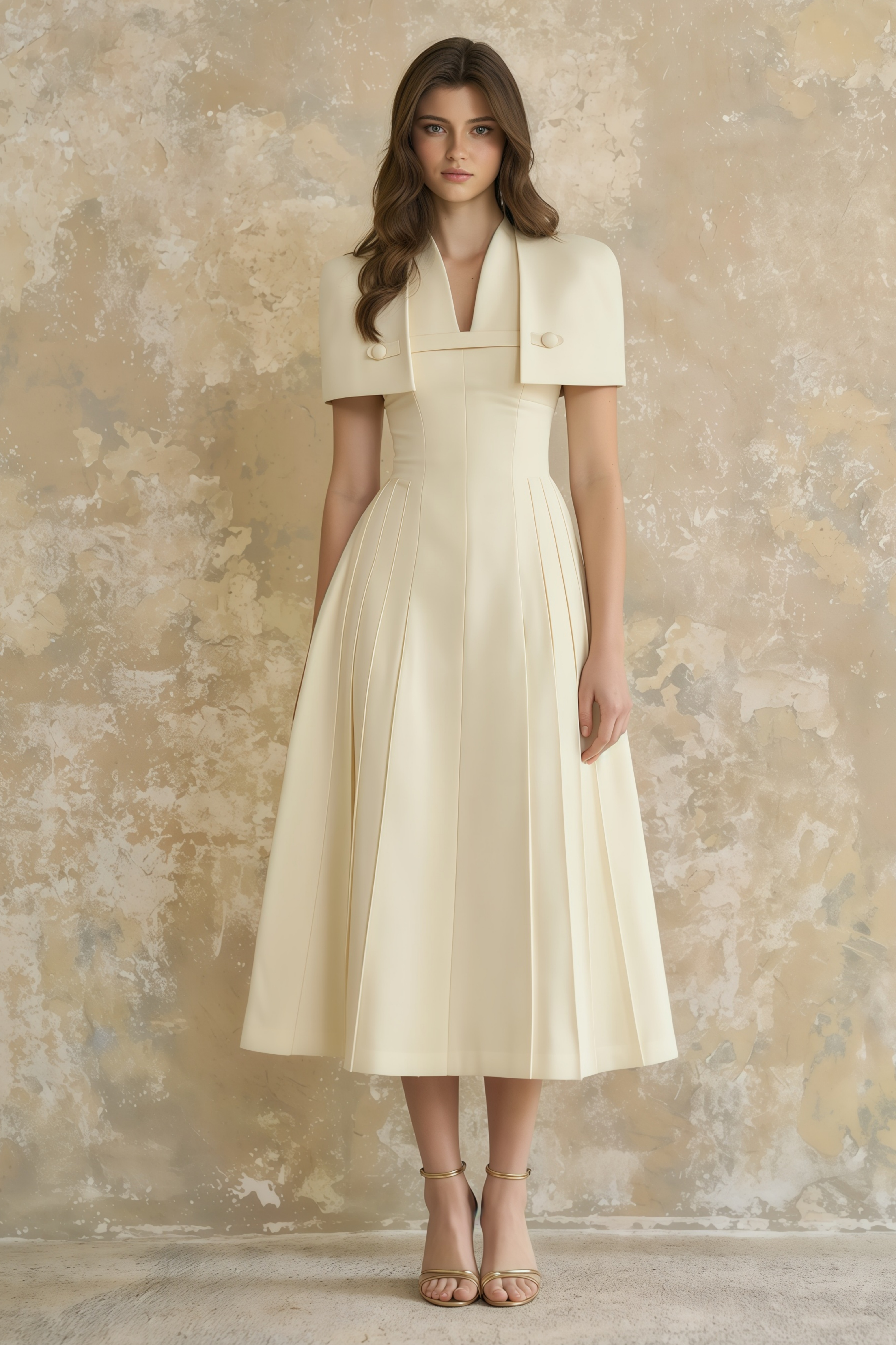Cream midi dress with a structured capelet overlay and button details