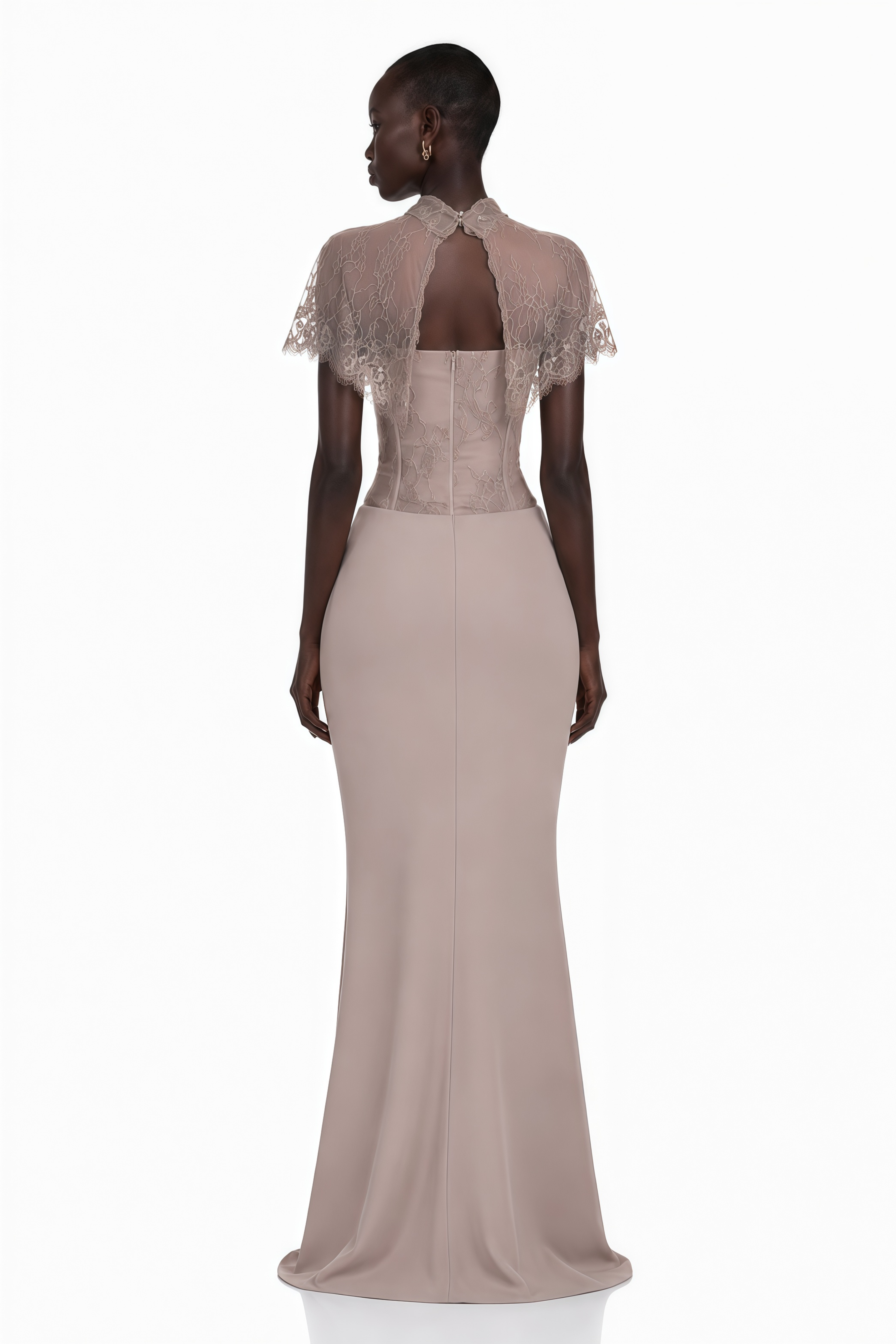 Lovise Neutral Ruched Maxi Dress with Lace Cape