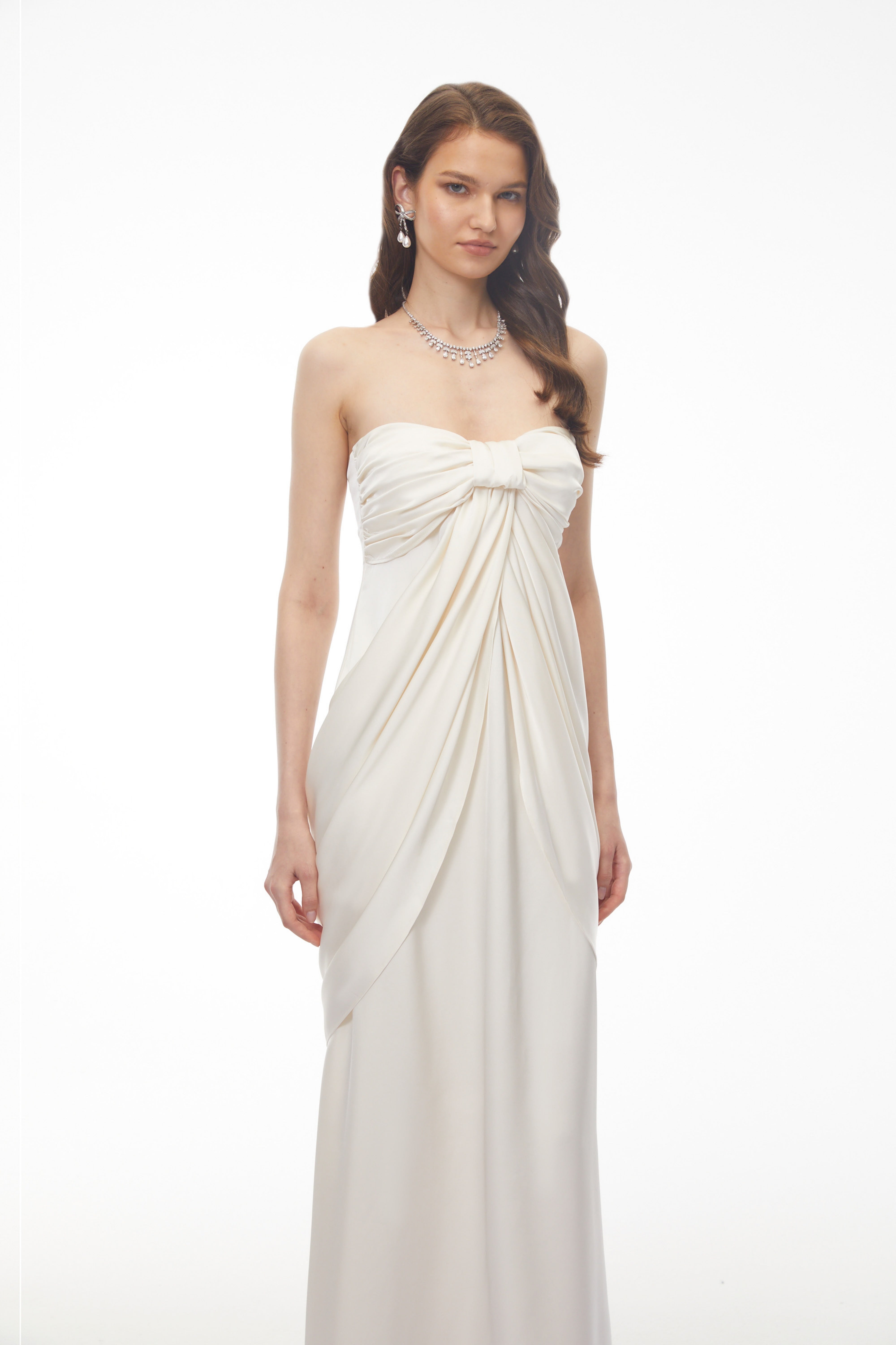 Luluwah White Ruched Maxi Dress with Bow Detail (Final Sale)