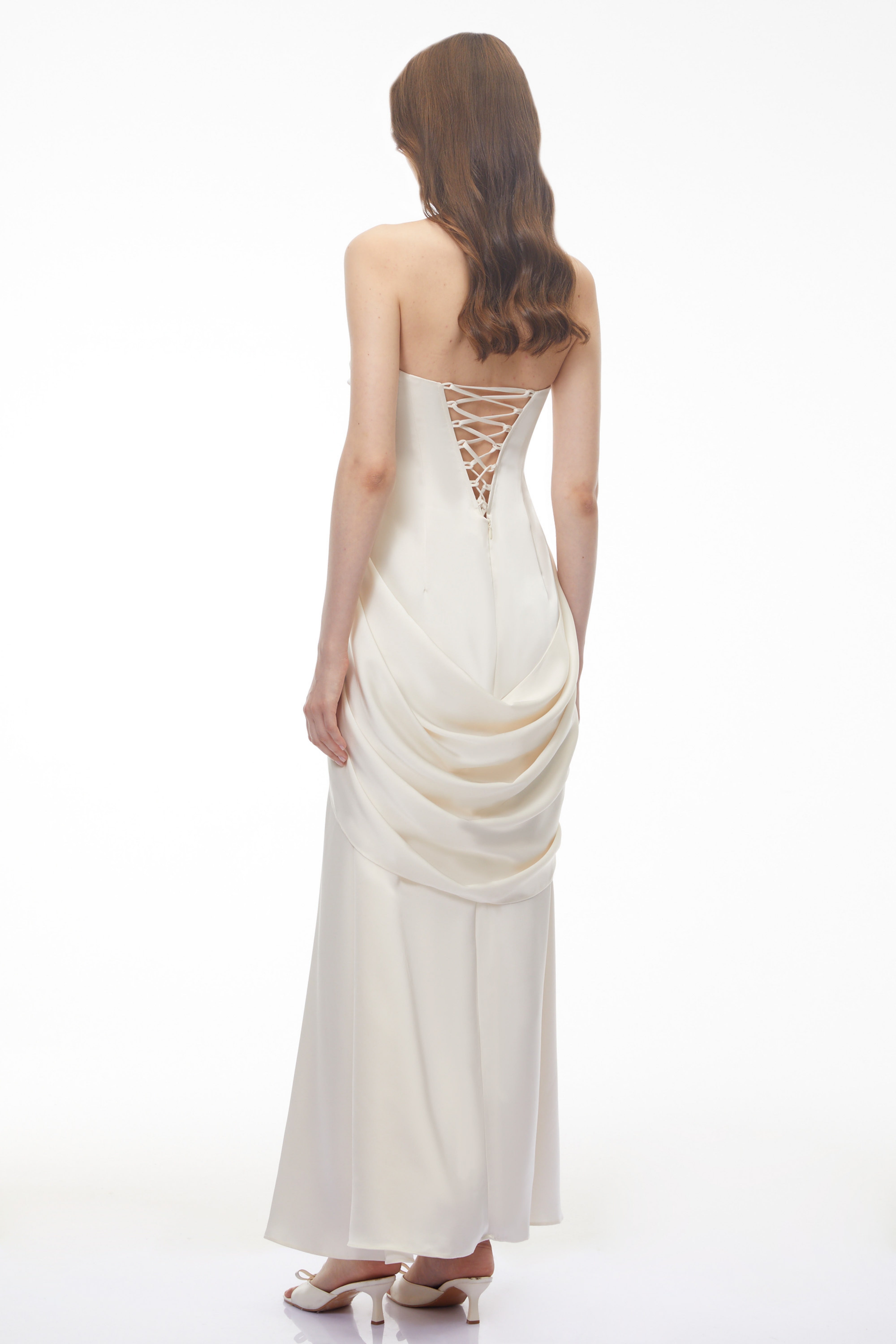 Luluwah White Ruched Maxi Dress with Bow Detail (Final Sale)