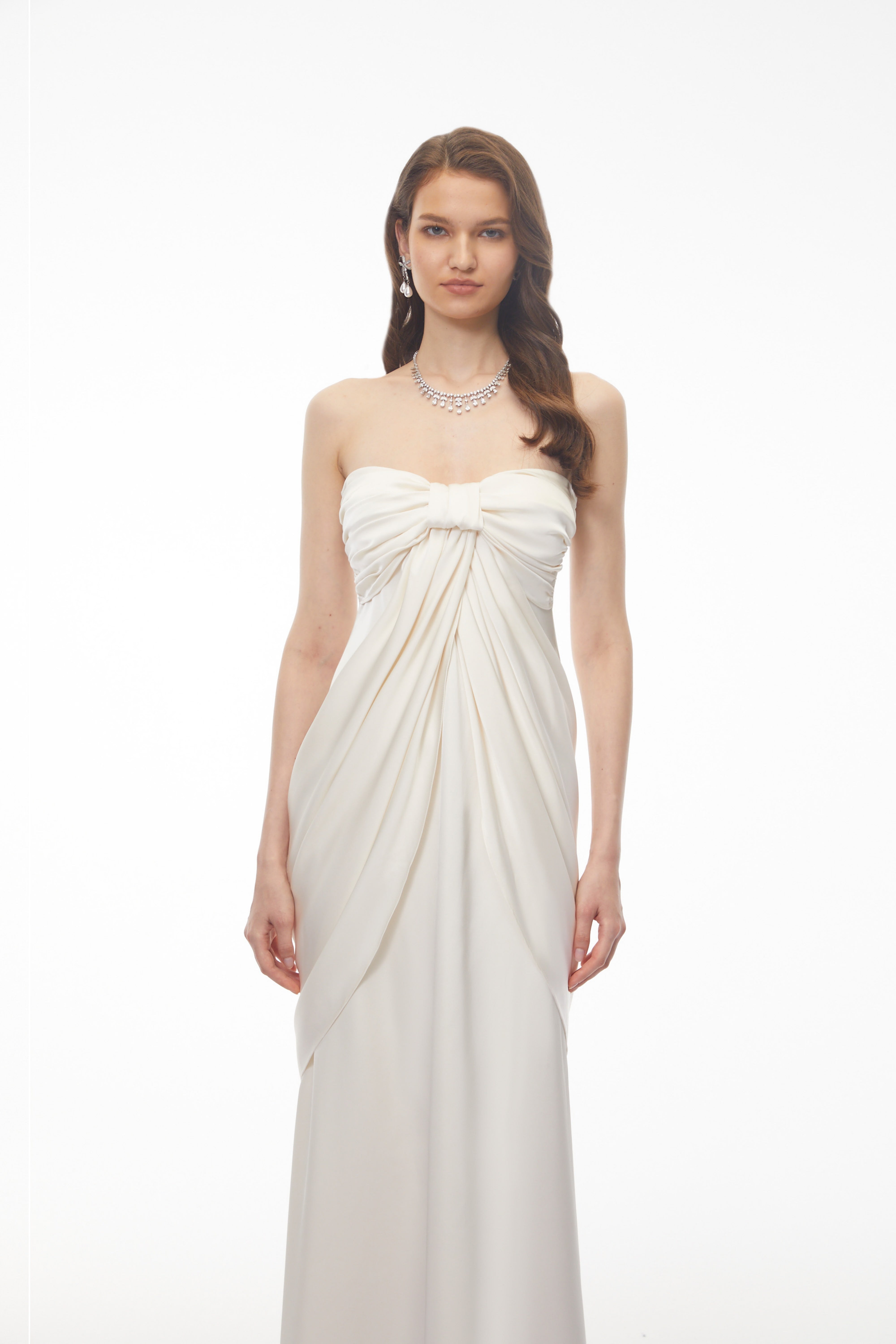Luluwah White Ruched Maxi Dress with Bow Detail (Final Sale)
