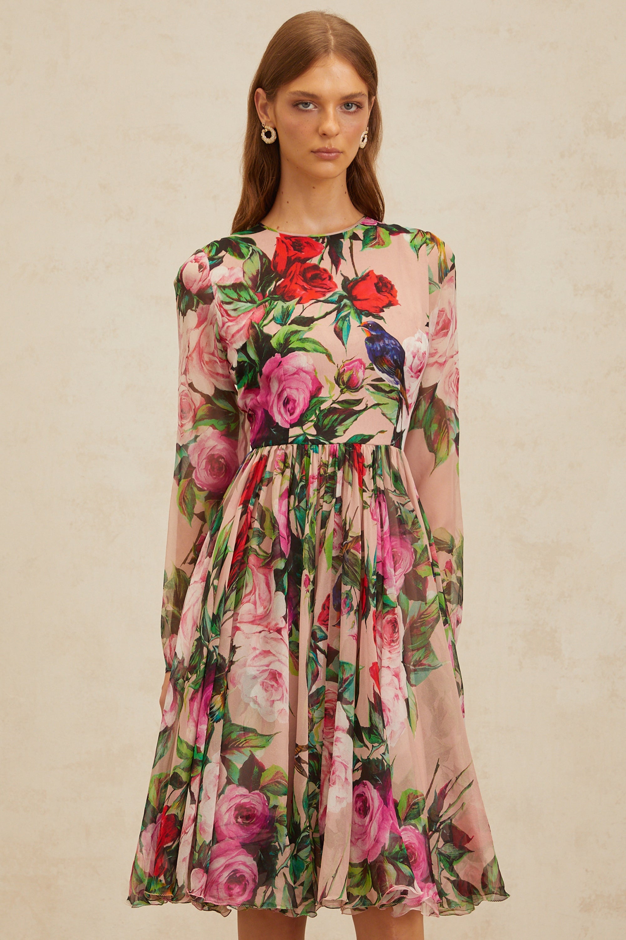 Coralie Pink Rose Print Summer Silk Midi Dress (Final Sale)