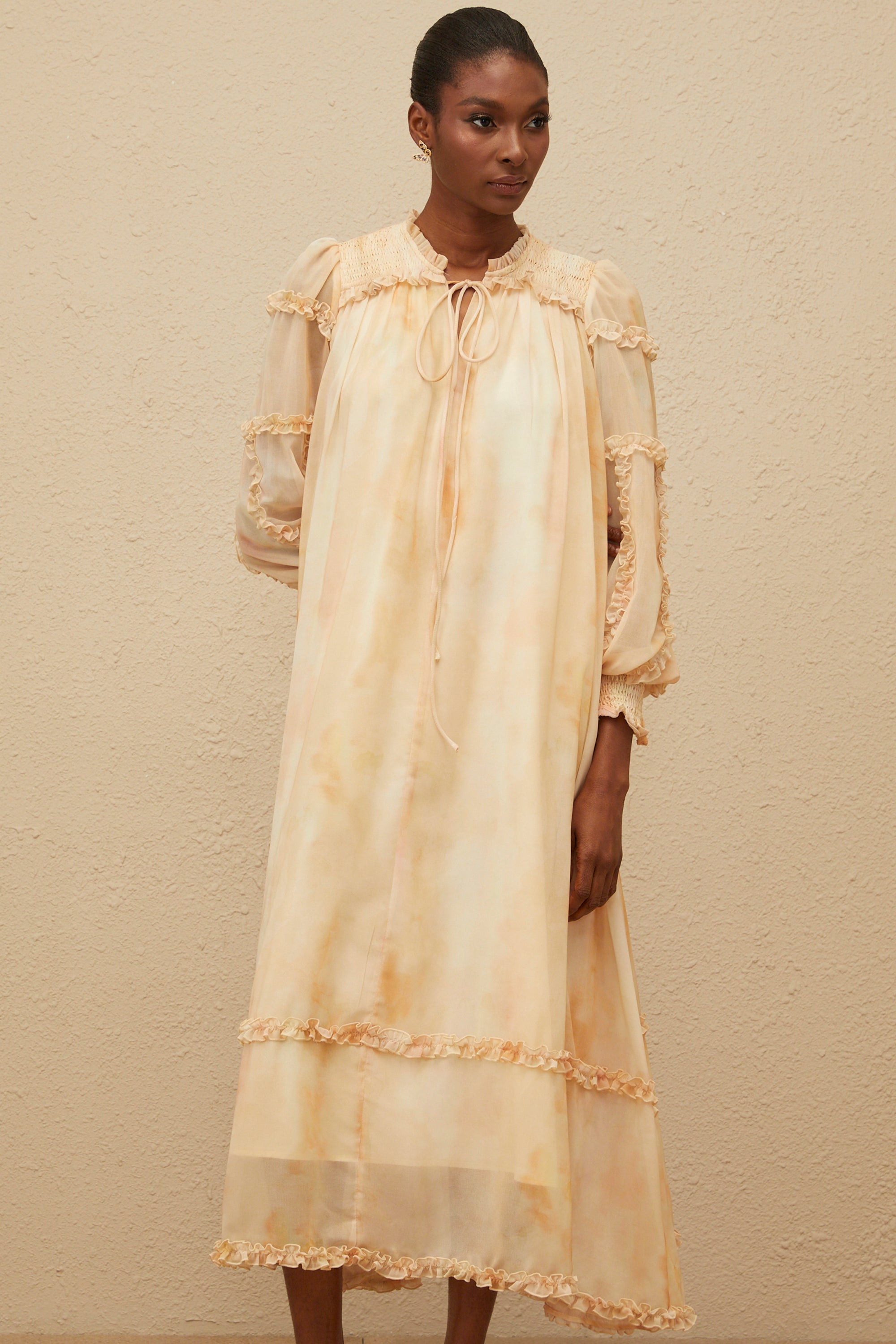Lecollet Beige Ruffled Tie-Dye Midi Dress (Final Sale-US Only)